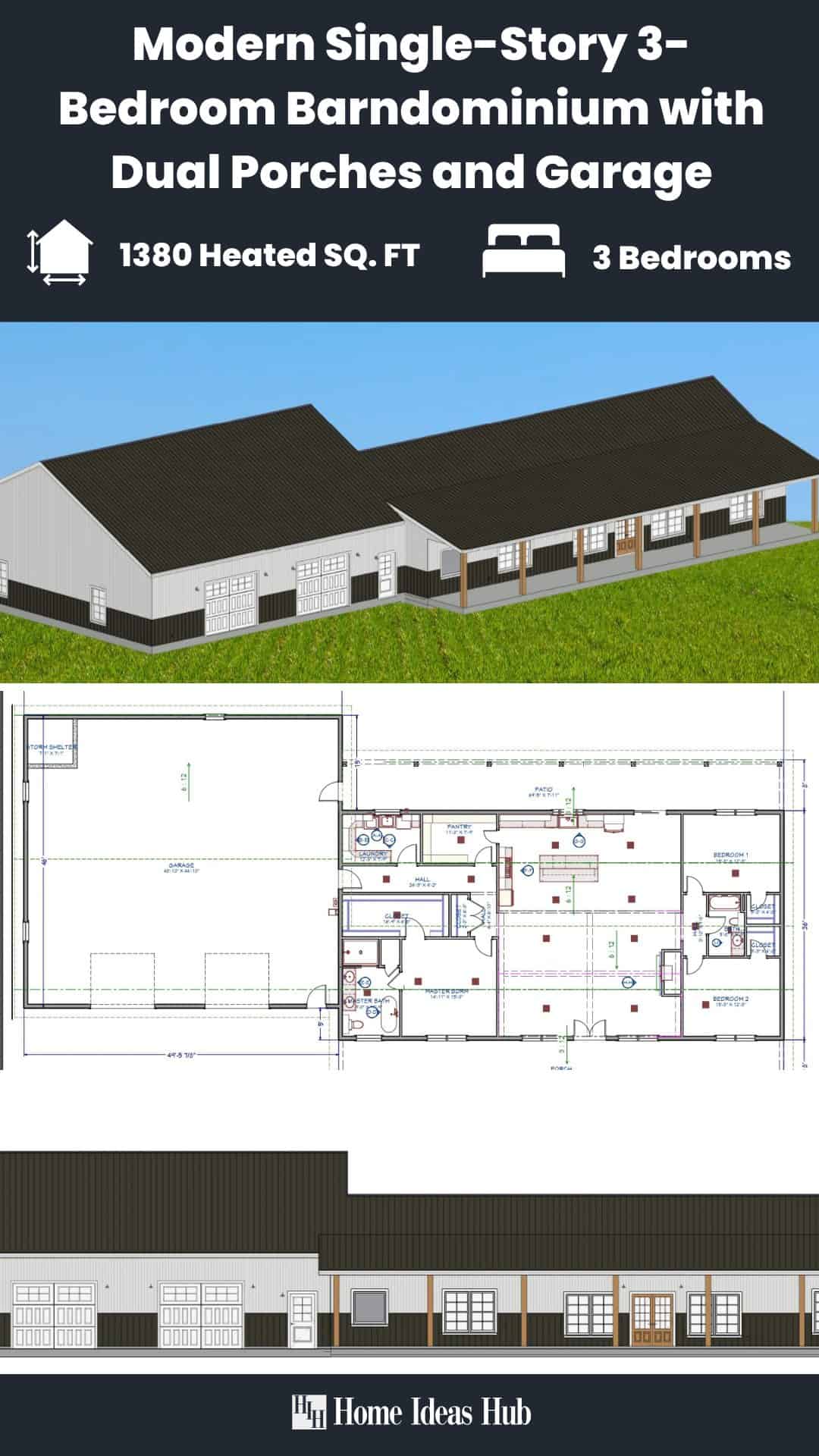 Modern Single-Story 3-Bedroom Barndominium with Dual Porches and Garage