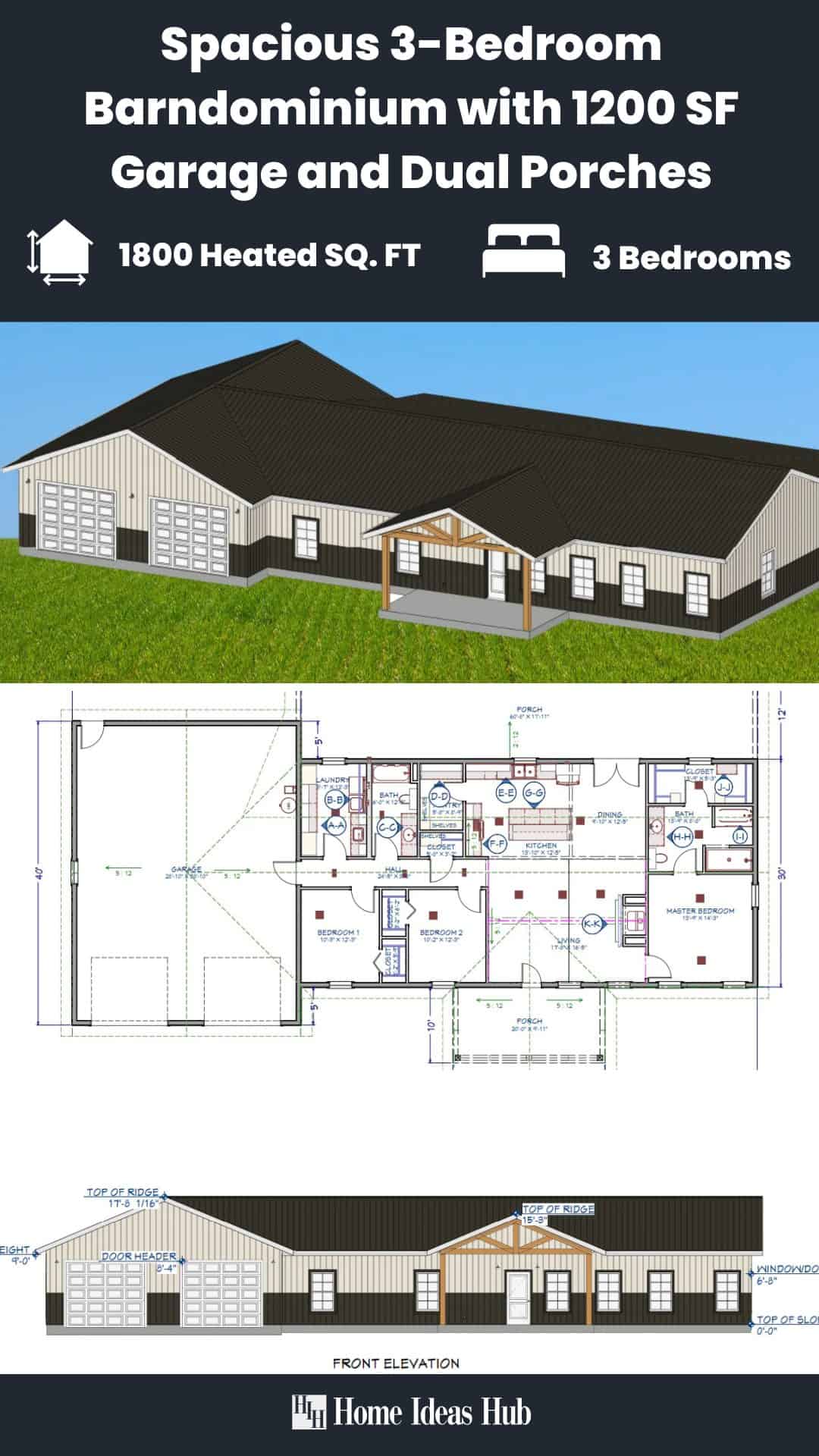 Spacious 3-Bedroom Barndominium with 1200 SF Garage and Dual Porches