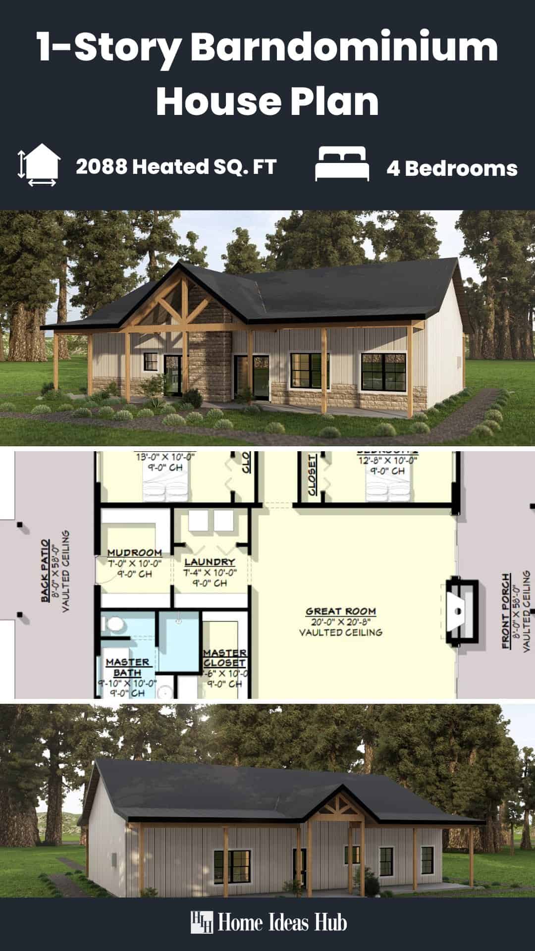 1 story barndominium plan 4 bedrooms