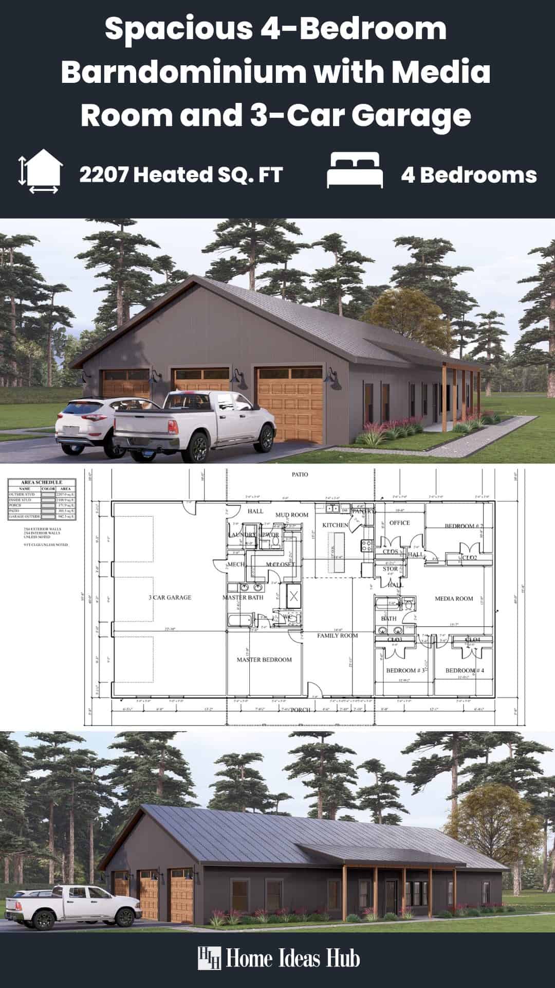 Spacious 4-Bedroom Barndominium with Media Room and 3-Car Garage