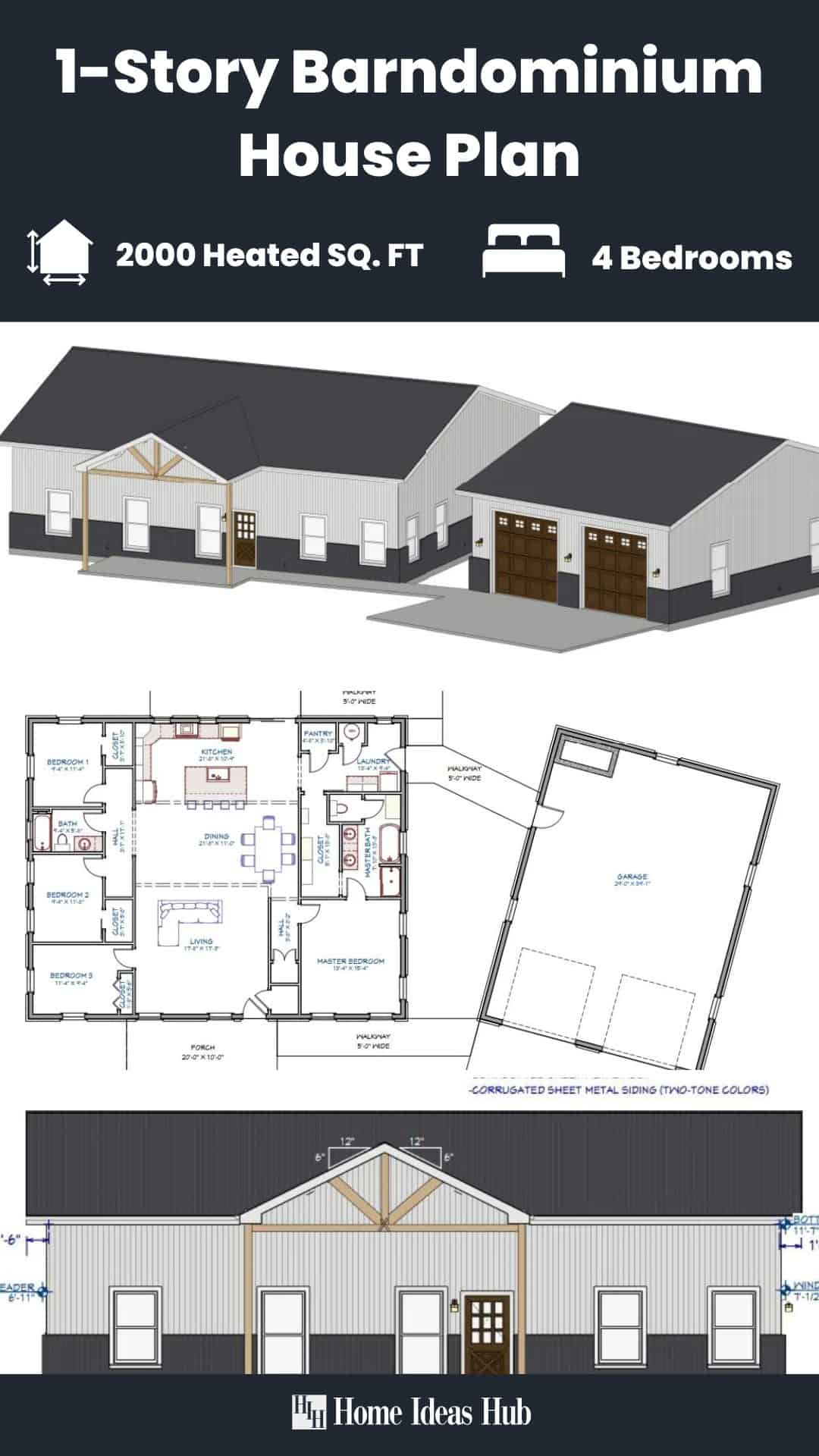Modern 4-Bedroom Barndominium with Dual Porches and Detached Garage