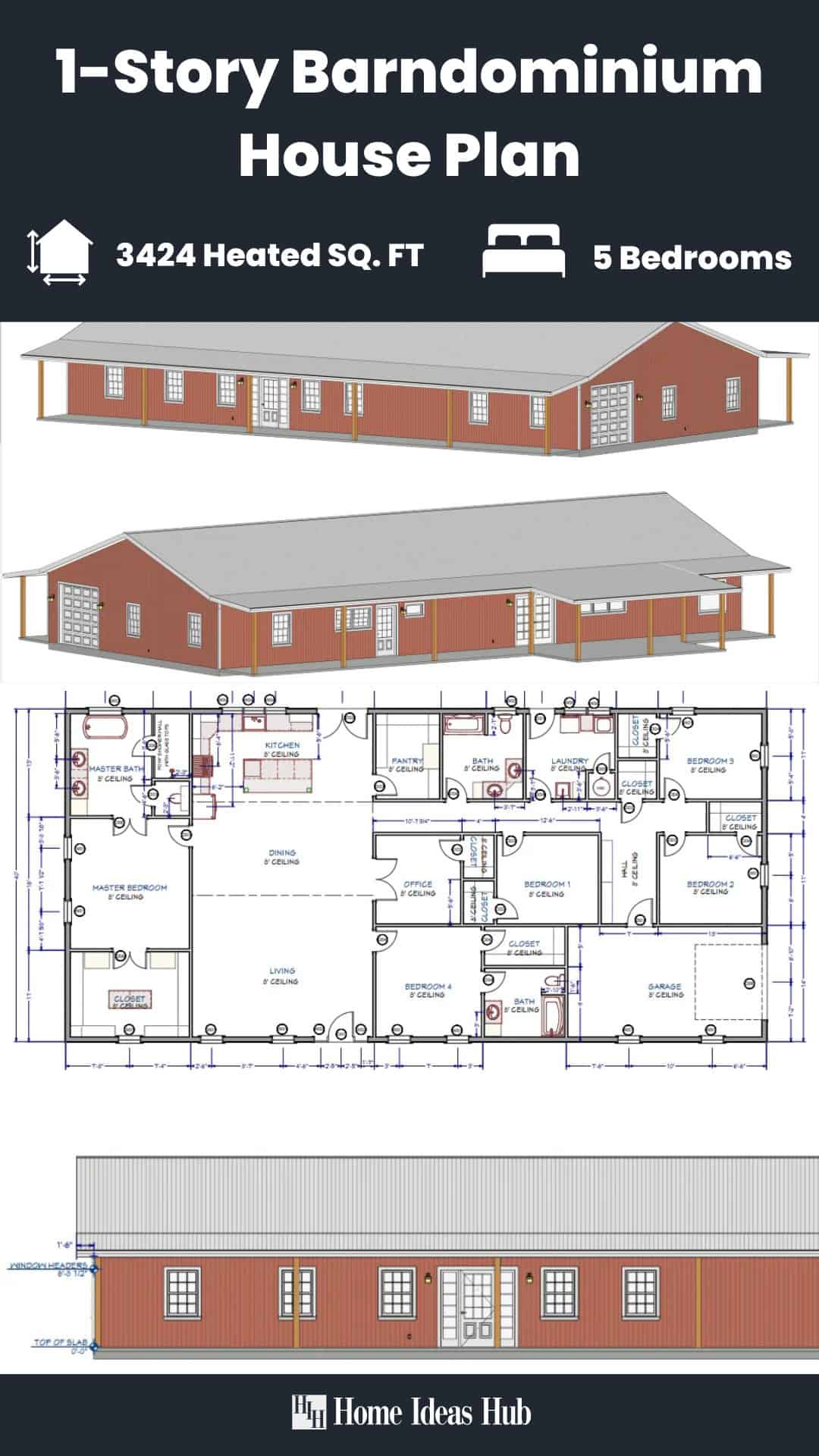 Spacious 5-Bedroom Barndominium with Double Porches and Home Office