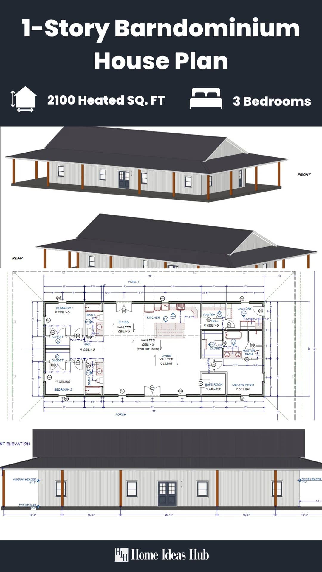 Modern 3-Bedroom Barndominium with Safe Room and Dual Porches
