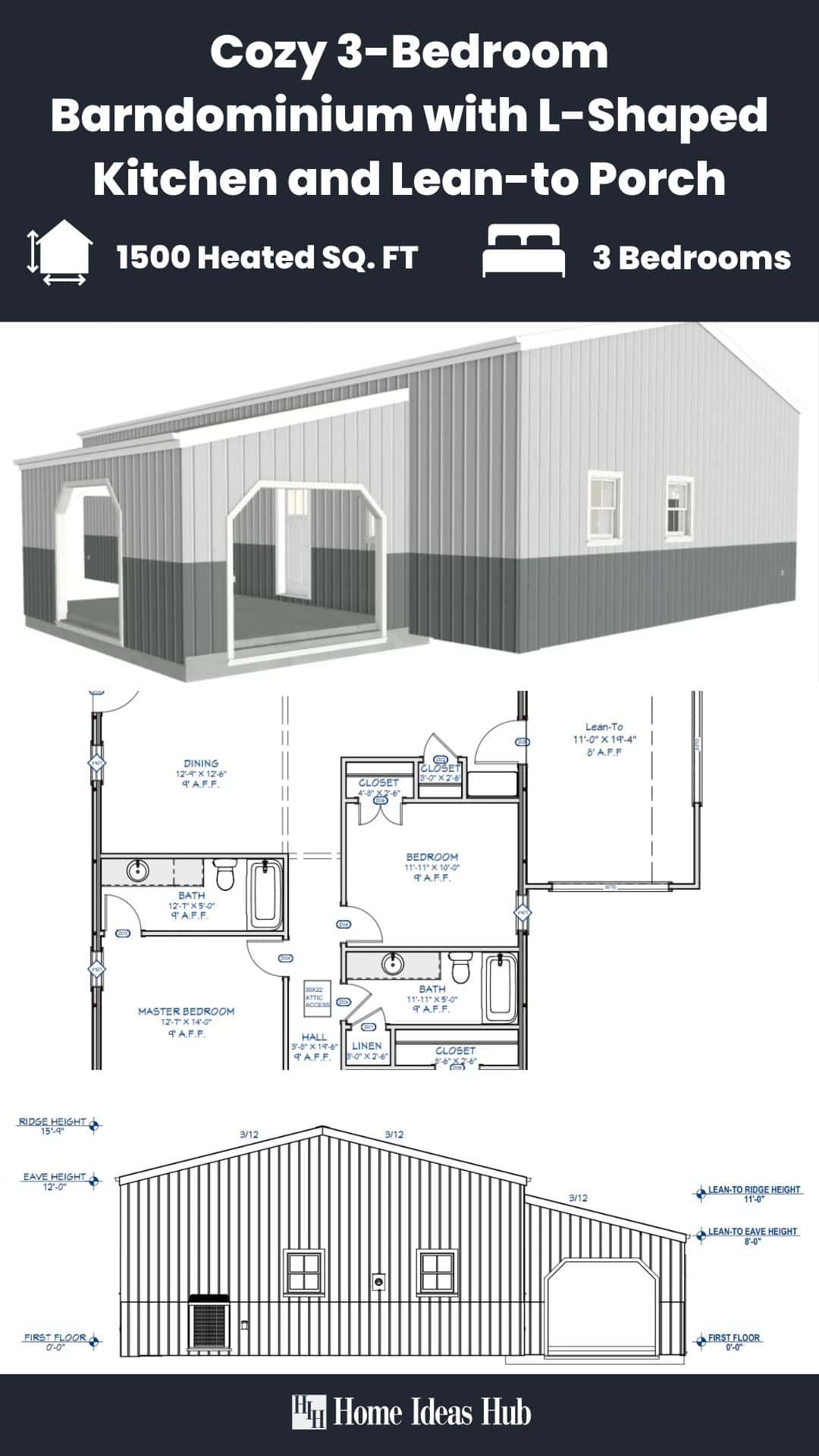 Cozy 3-Bedroom Barndominium with L-Shaped Kitchen and Lean-to Porch