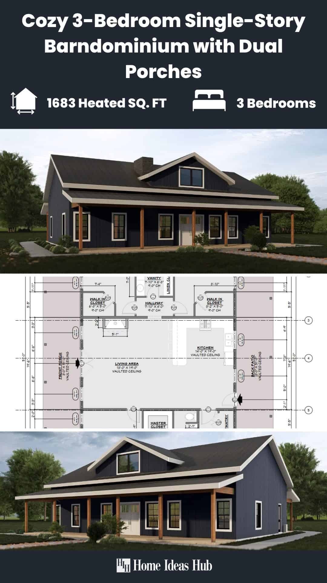 Cozy 3-Bedroom Single-Story Barndominium with Dual Porches