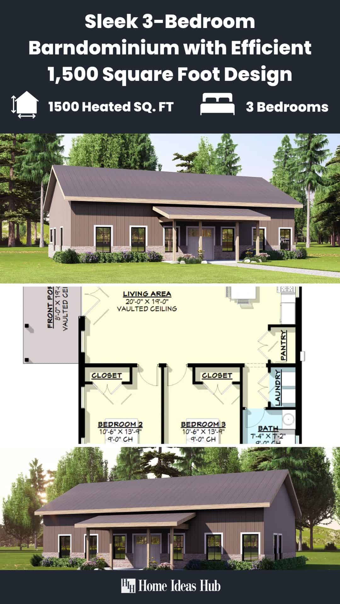 Sleek 3-Bedroom Barndominium with Efficient 1,500 Square Foot Design