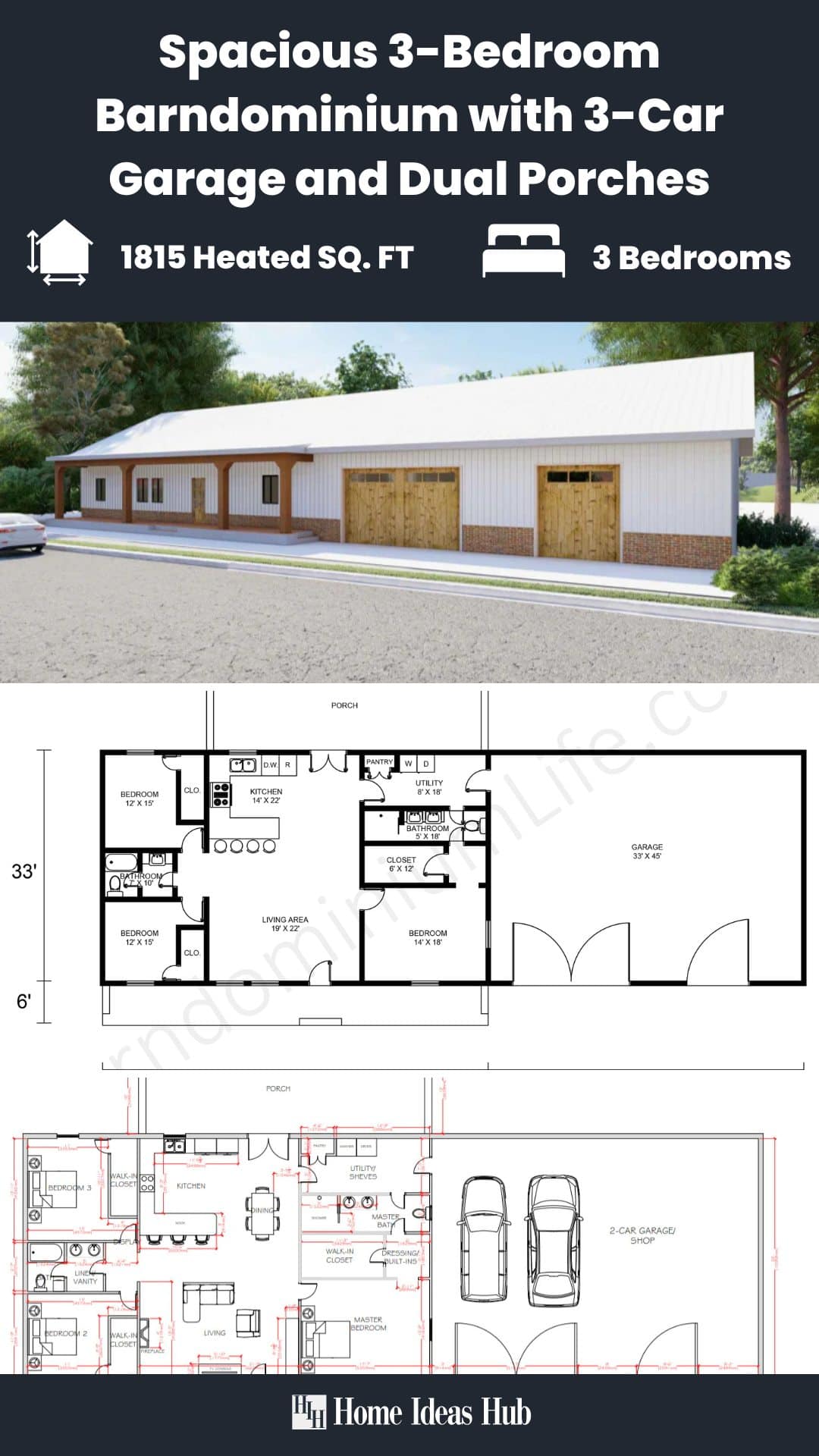 Spacious 3-Bedroom Barndominium with 3-Car Garage and Dual Porches