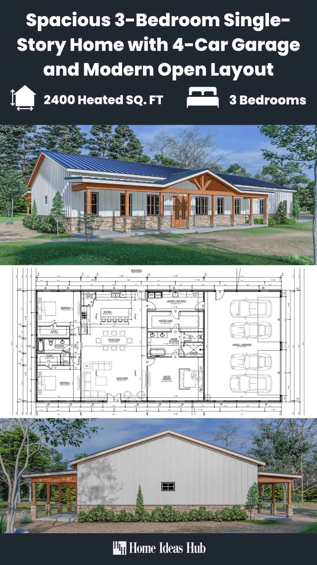 Spacious 3-Bedroom Single-Story Home with 4-Car Garage and Modern Open Layout
