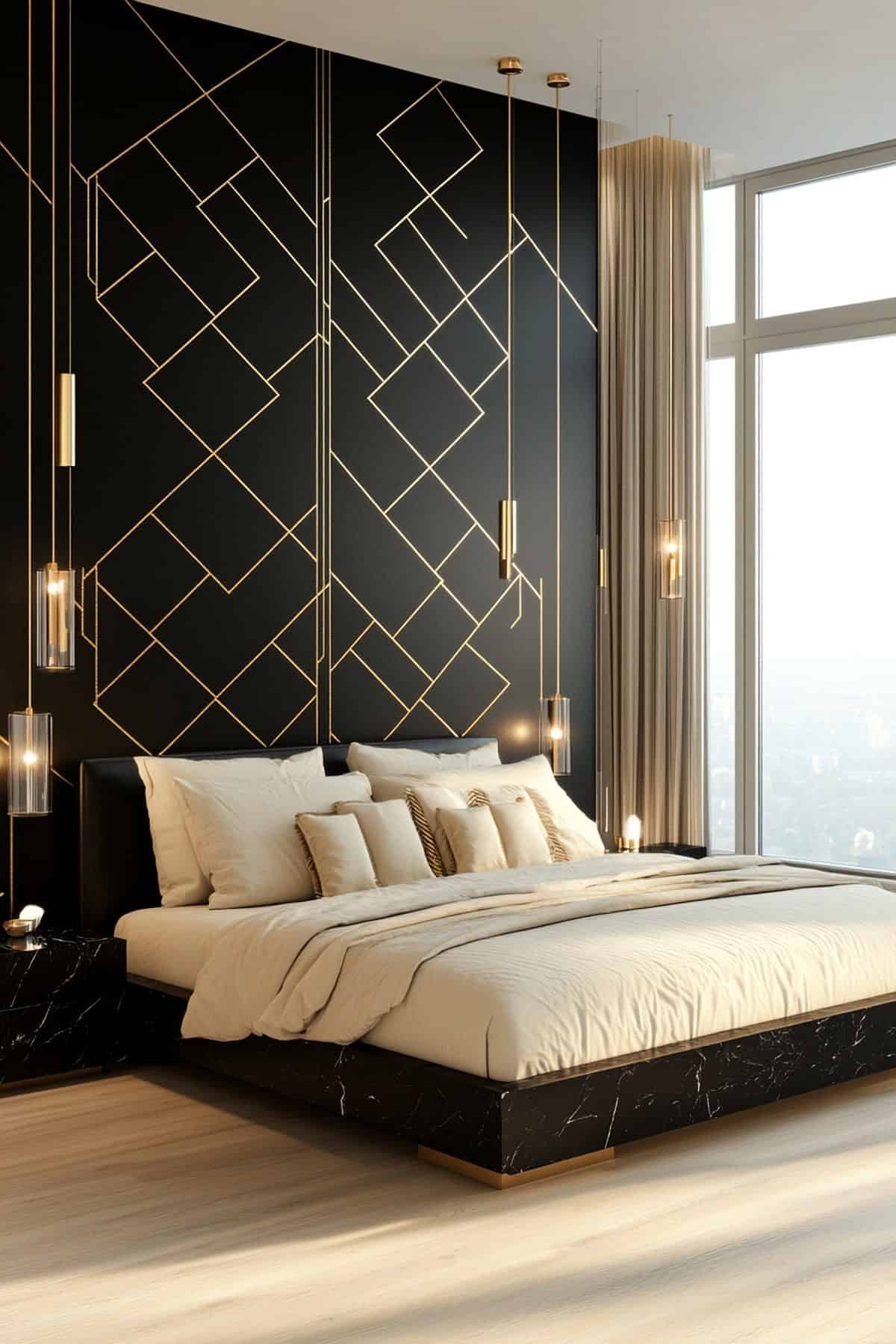 Stylish bedroom featuring a black accent wall with elegant gold decor and furnishings.