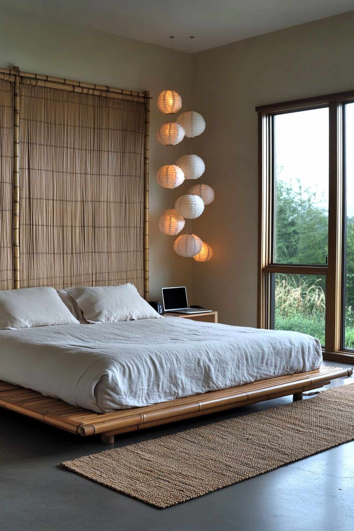 Alt tag: Cozy Japandi bedroom featuring minimalist decor, natural wood accents, and neutral tones.