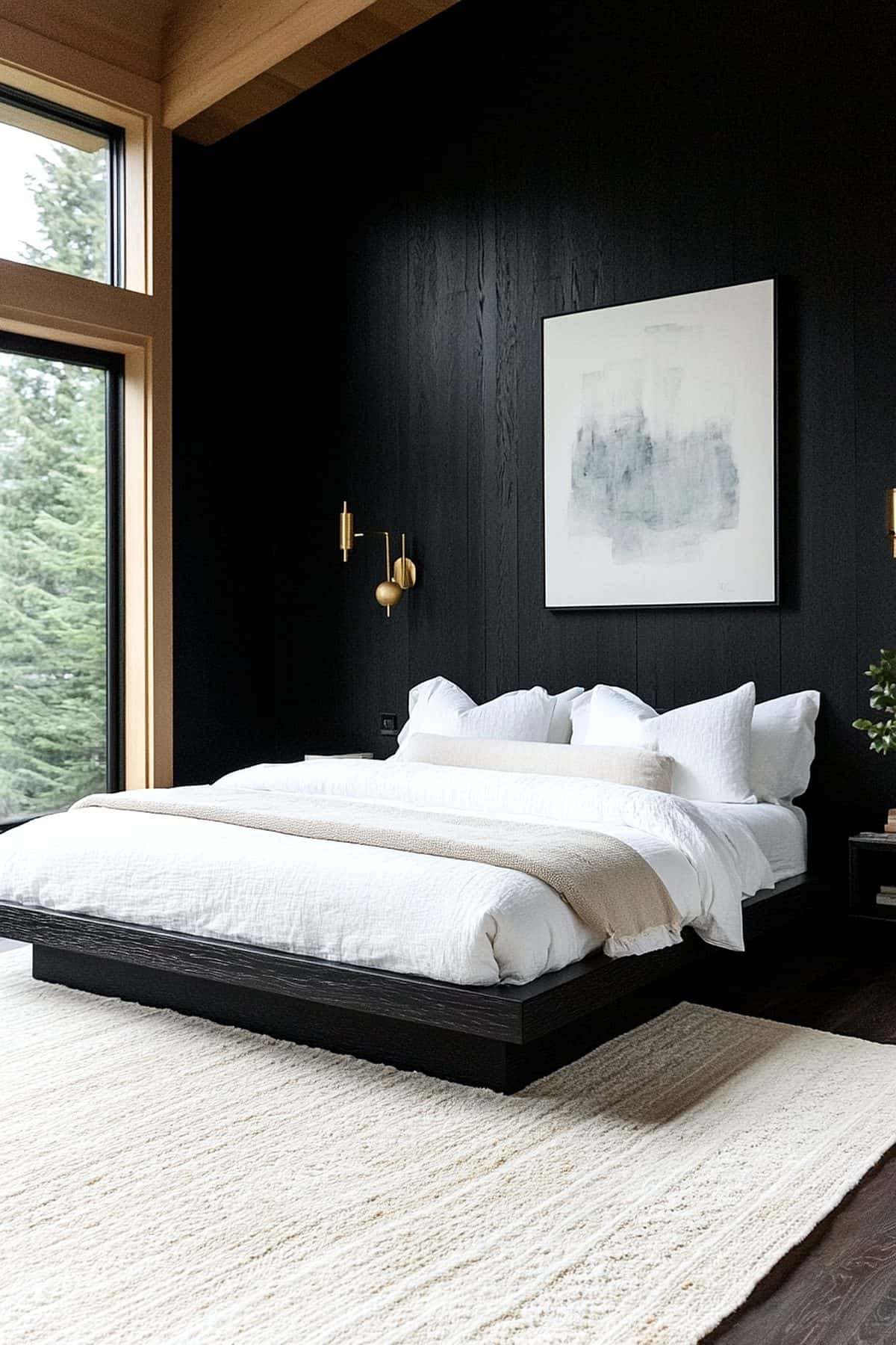 Stylish black Japandi bedroom featuring minimalist decor, natural wood accents, and serene ambiance.