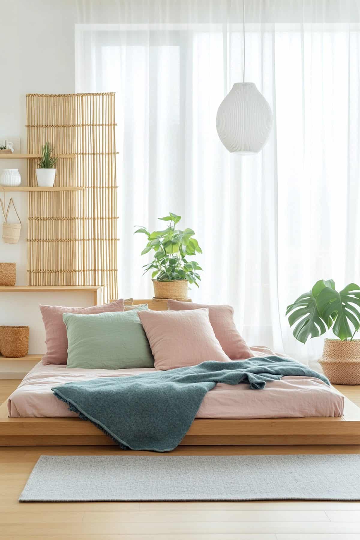 Cozy Japandi bedroom featuring natural wood accents, neutral tones, and vibrant decor elements.