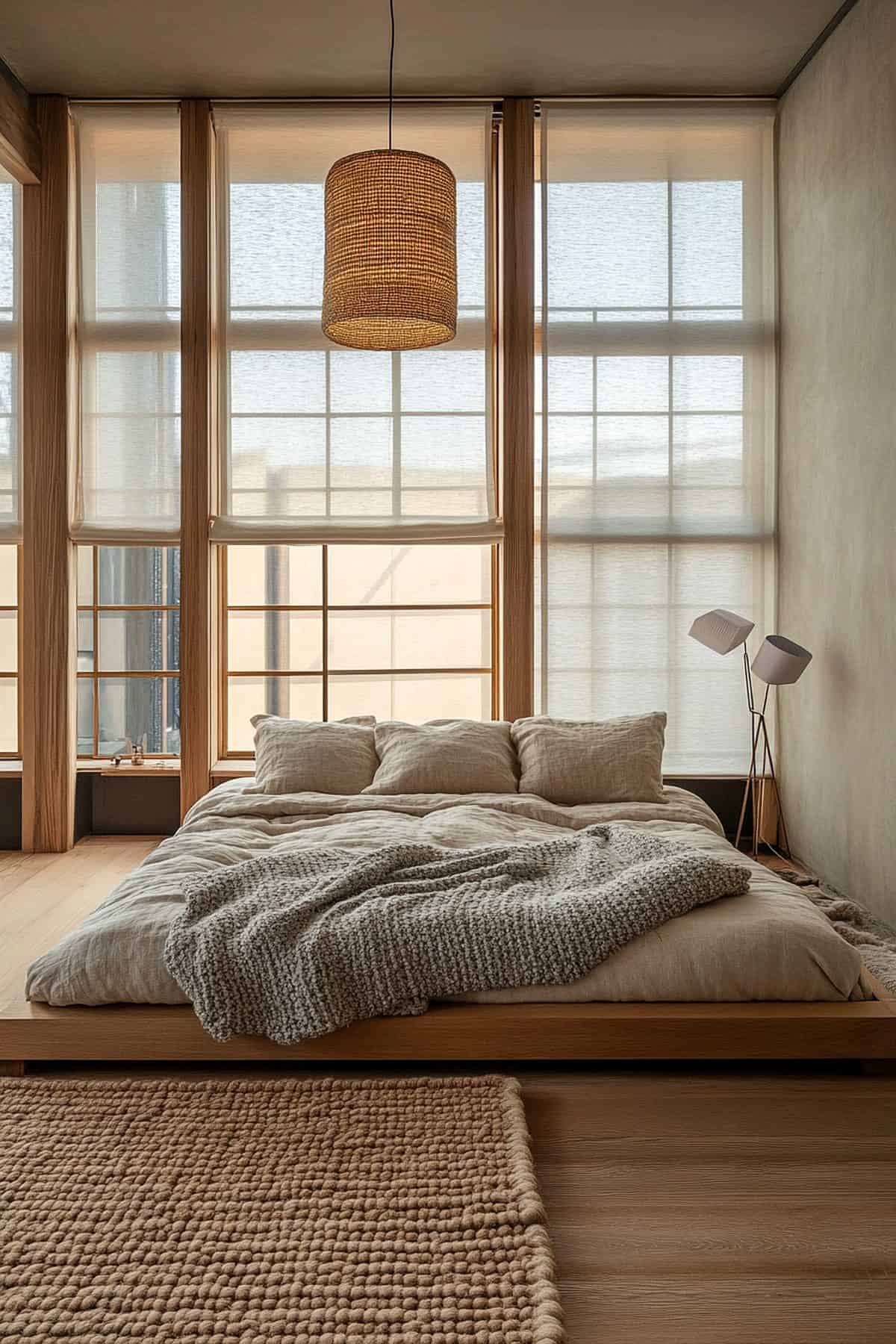 Serene Japandi bedroom featuring warm wood accents, minimalist decor, and soft neutral tones.