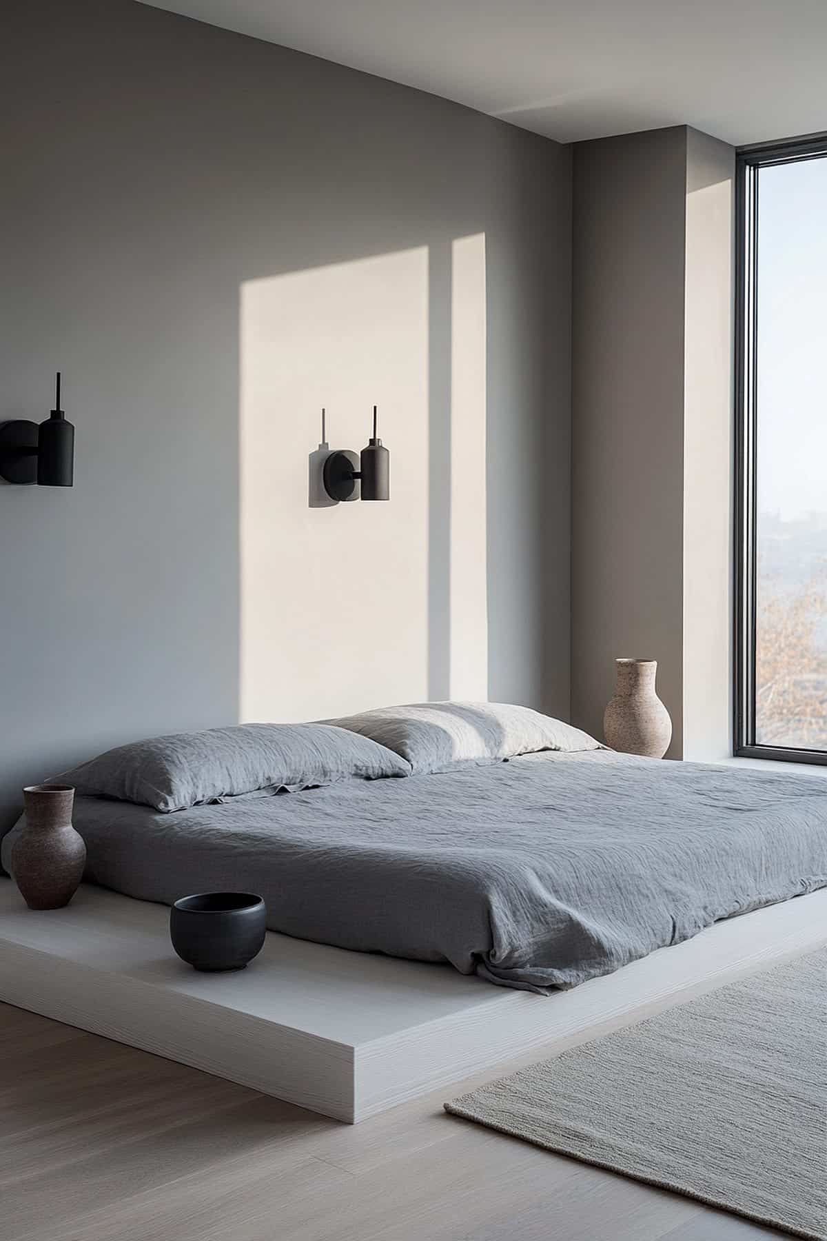 Serene grey Japandi bedroom featuring minimalist furniture, soft textiles, and natural light.