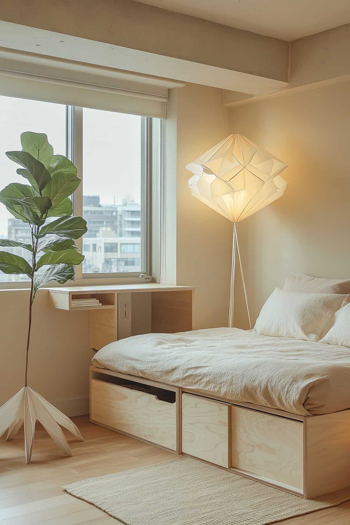 Cozy Japandi apartment bedroom featuring minimalist furniture, warm wood tones, and soft textiles.