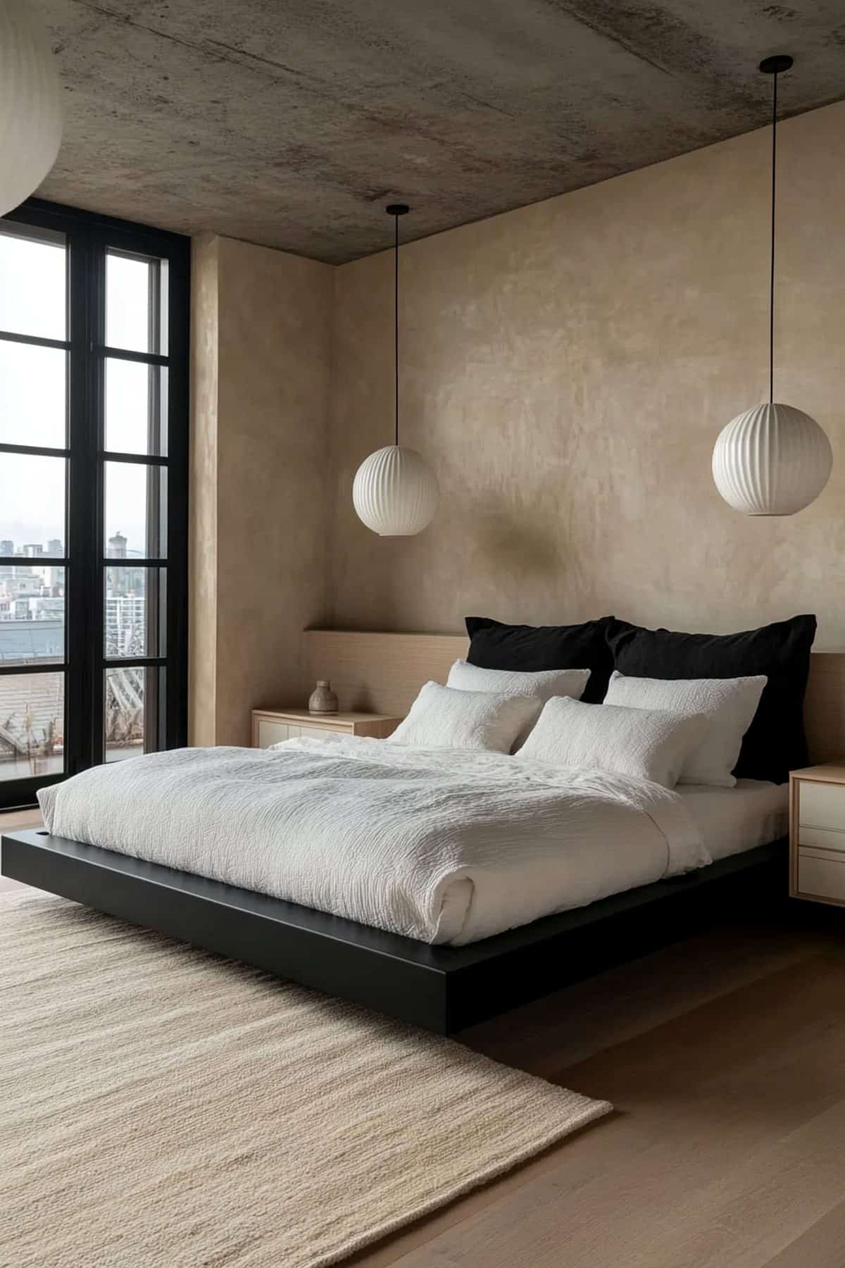 Stylish Japandi bedroom featuring a sleek black bed with minimalist decor and natural elements.