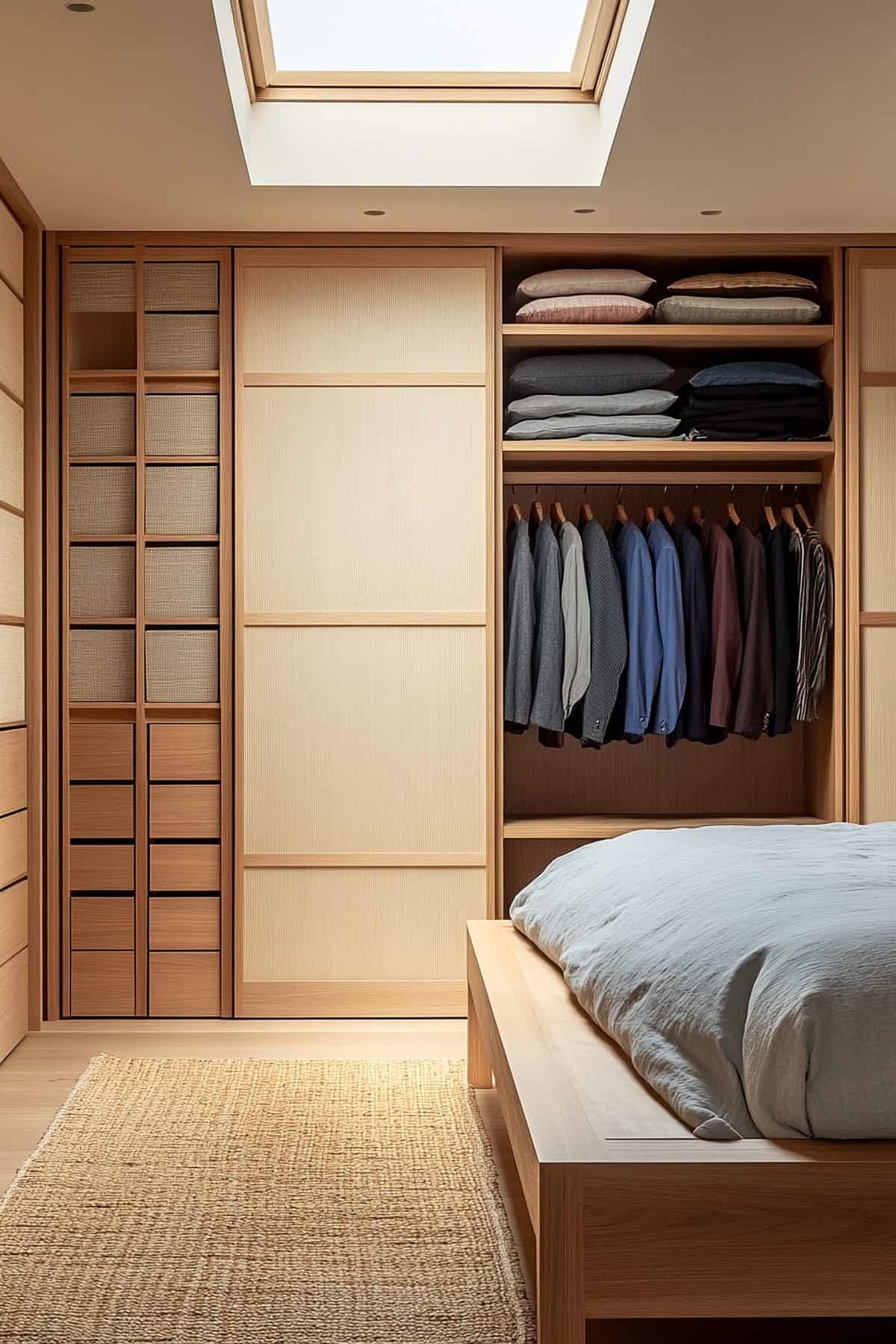 Minimalist Japandi bedroom closet featuring natural wood finishes and sleek, organized storage.
