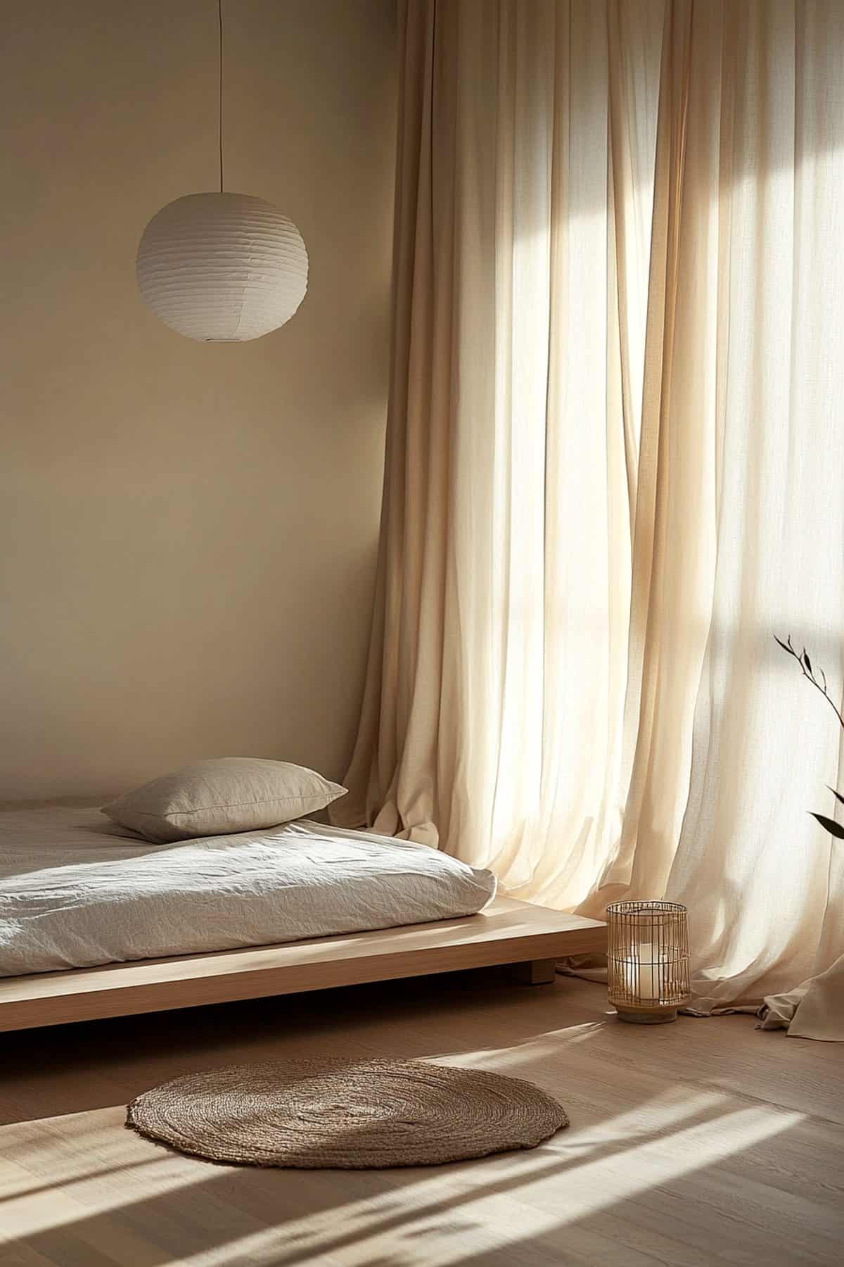 Elegant Japandi-style bedroom curtains in soft neutral tones, enhancing minimalist decor.