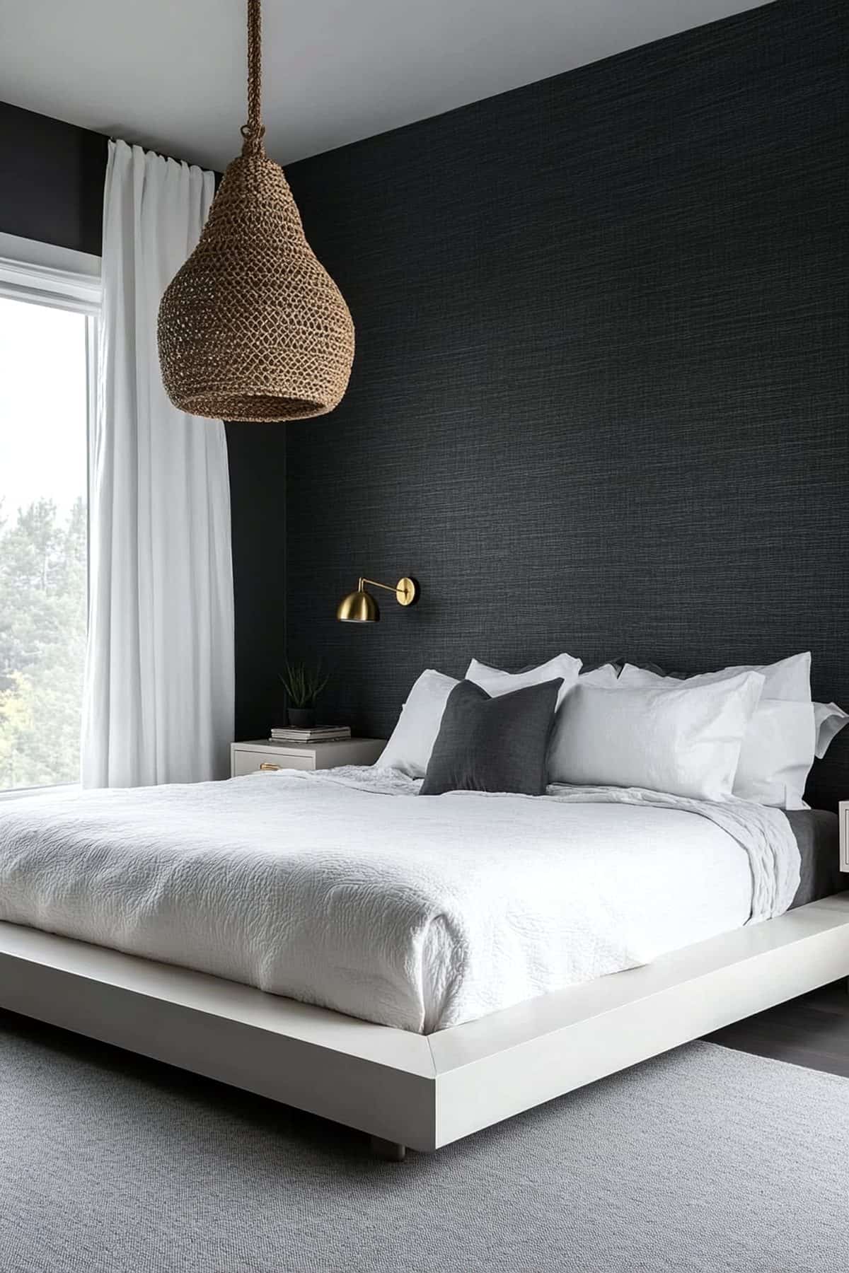 Cozy Japandi bedroom featuring dark walls, minimalist decor, and natural wood accents.