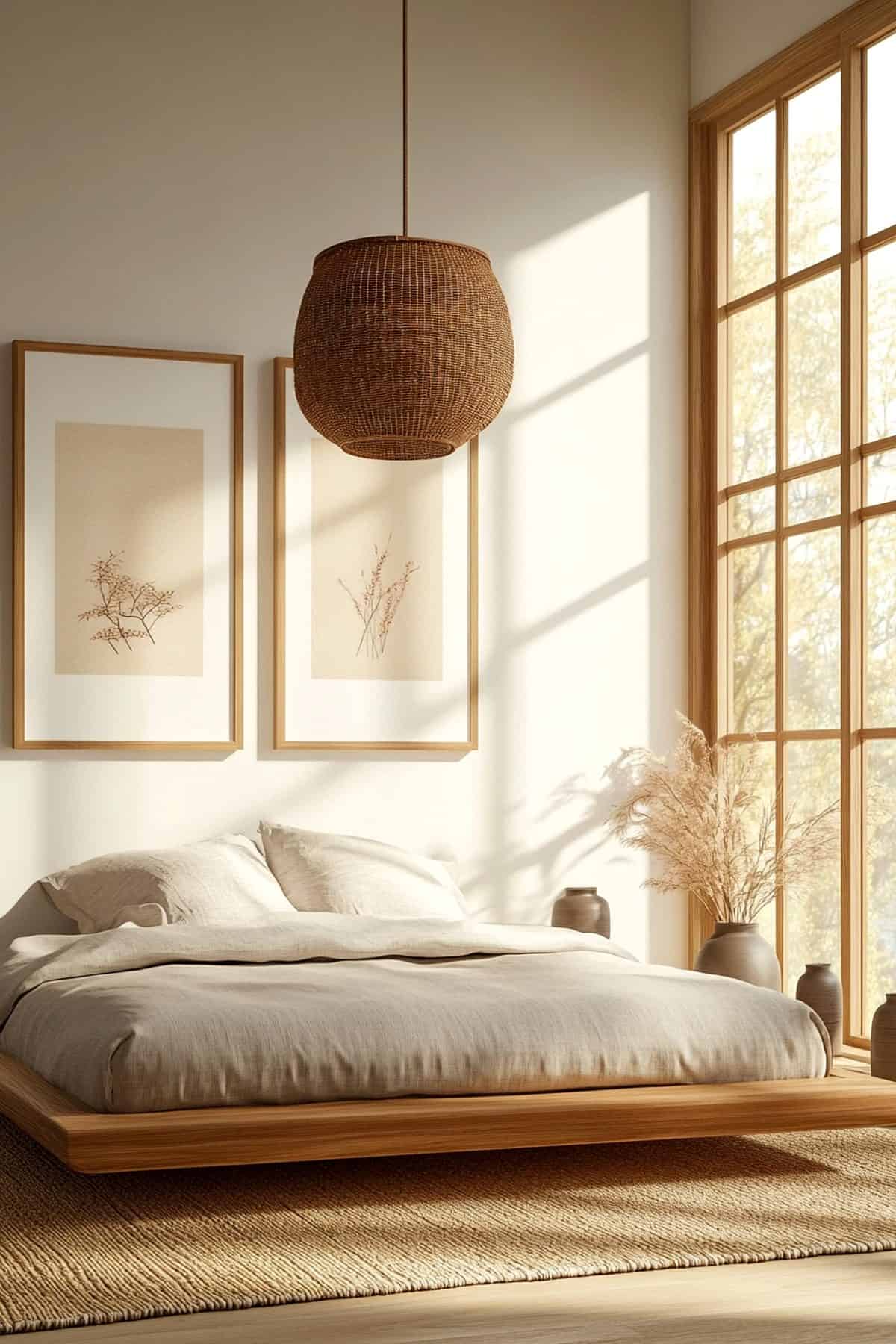 Cozy Japandi bedroom featuring minimalist furniture, natural wood accents, and soft neutral tones.