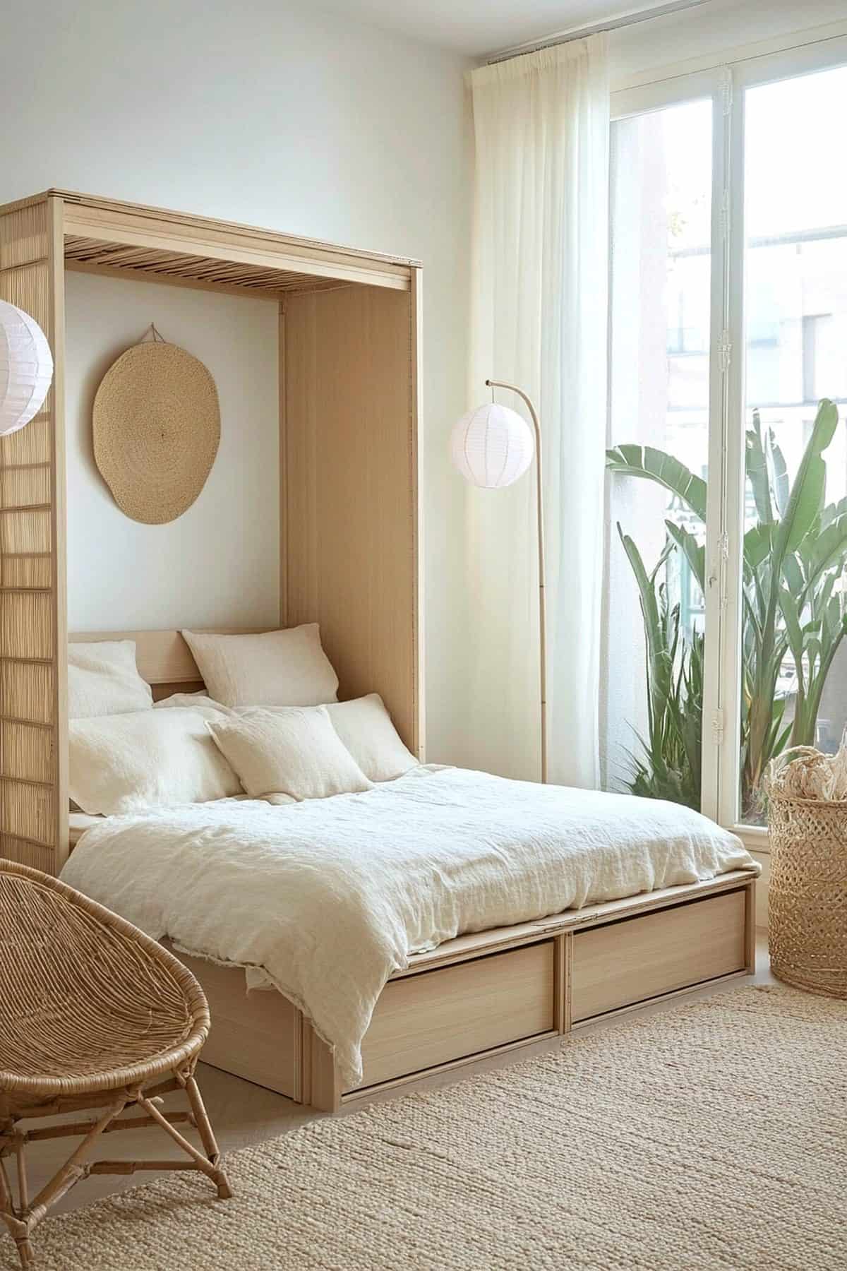 Cozy Japandi bedroom featuring minimalist decor, natural wood accents, and neutral tones.