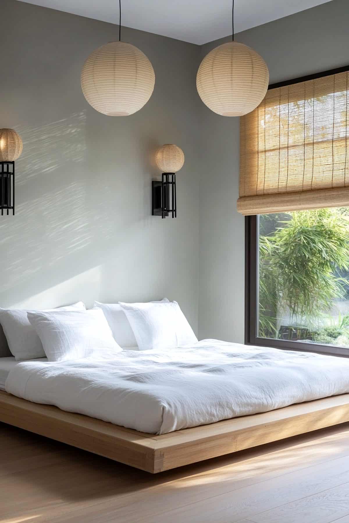 Minimalist Japandi bedroom featuring natural wood furnishings, neutral tones, and serene decor.