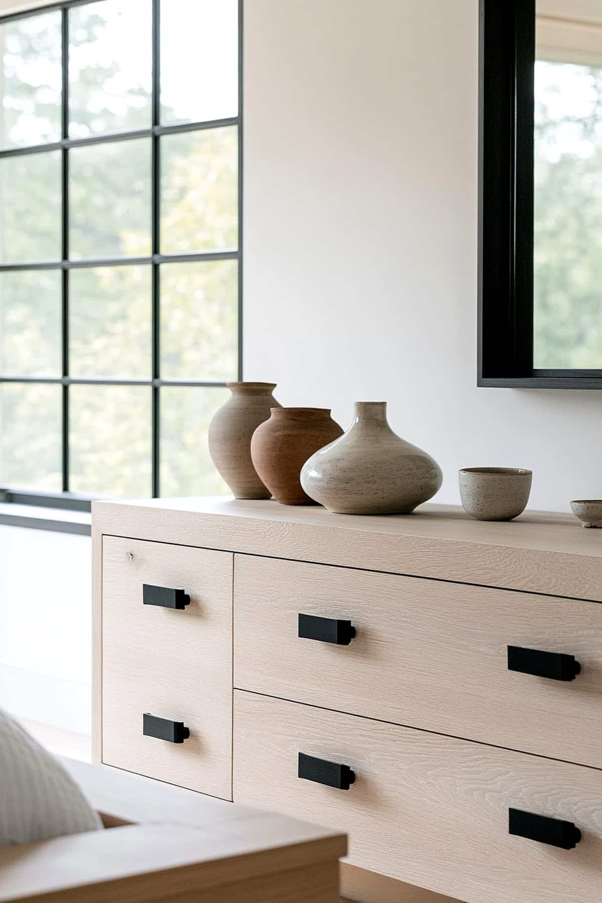 Minimalist Japandi bedroom dresser featuring natural wood, clean lines, and serene decor accents.