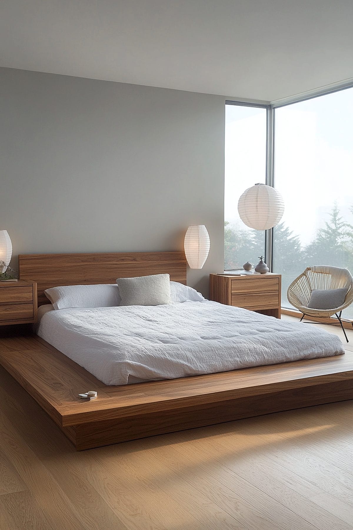 Stylish Japandi bedroom featuring minimalist wooden furniture and soft neutral tones.