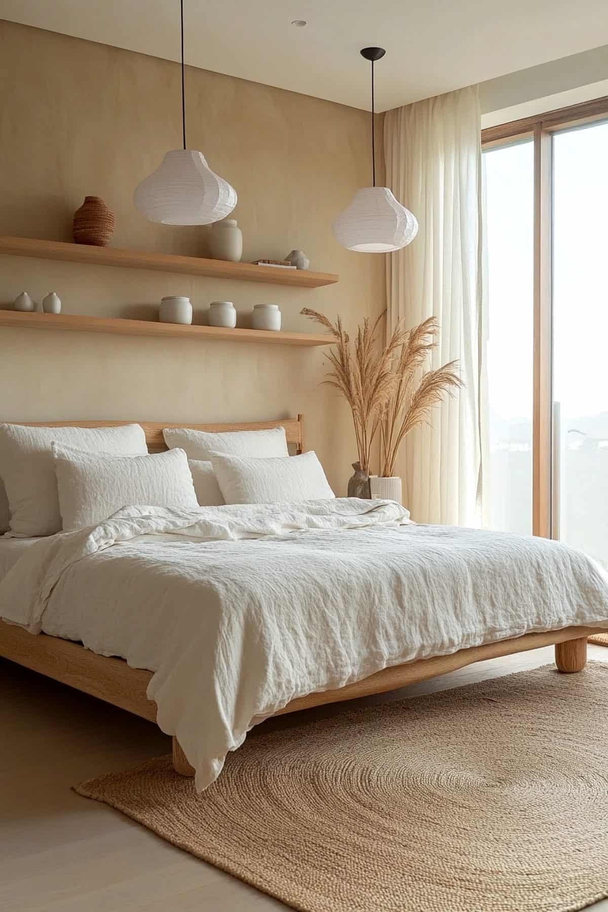 Serene Japandi bedroom featuring natural wood accents, minimalist decor, and soft textiles.