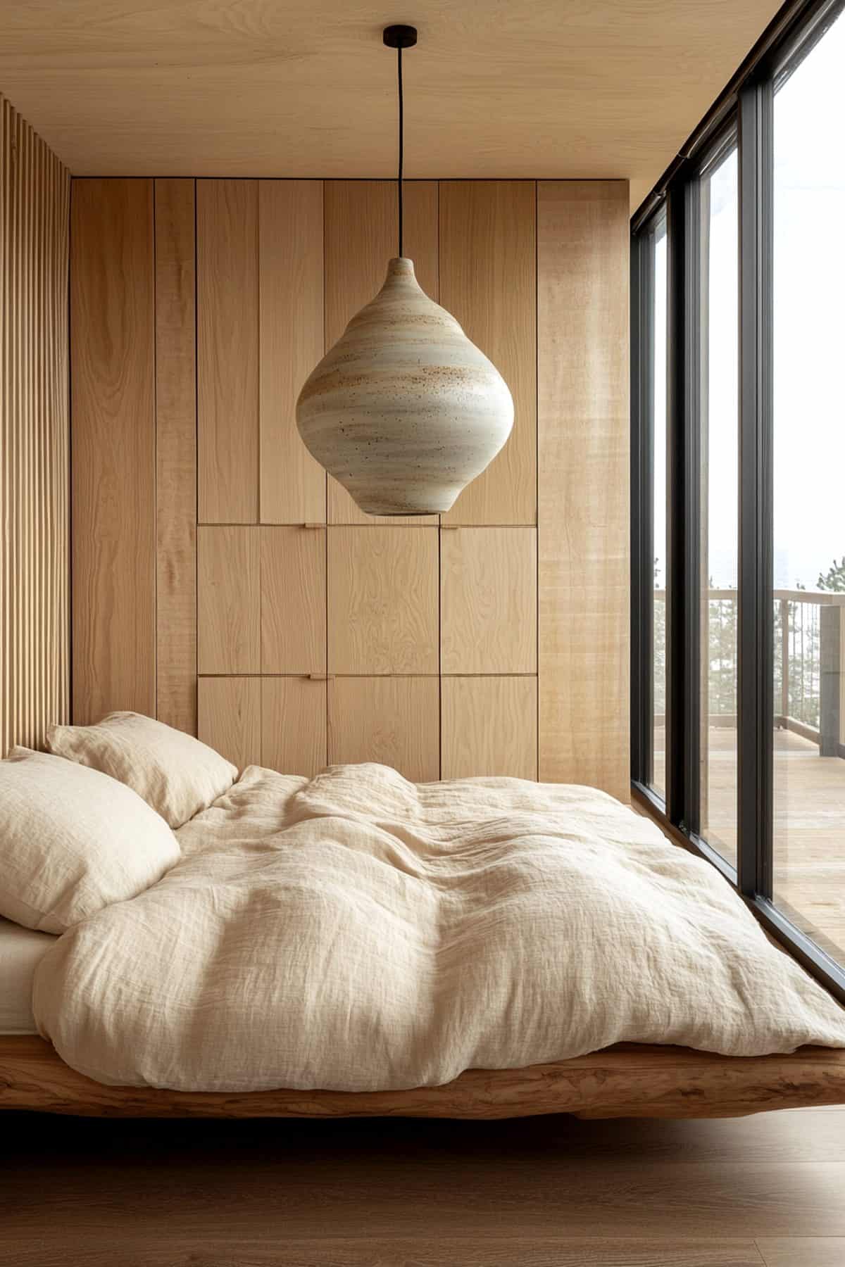 Alt tag: Stylish Japandi bedroom featuring minimalist furniture, natural wood accents, and neutral tones.