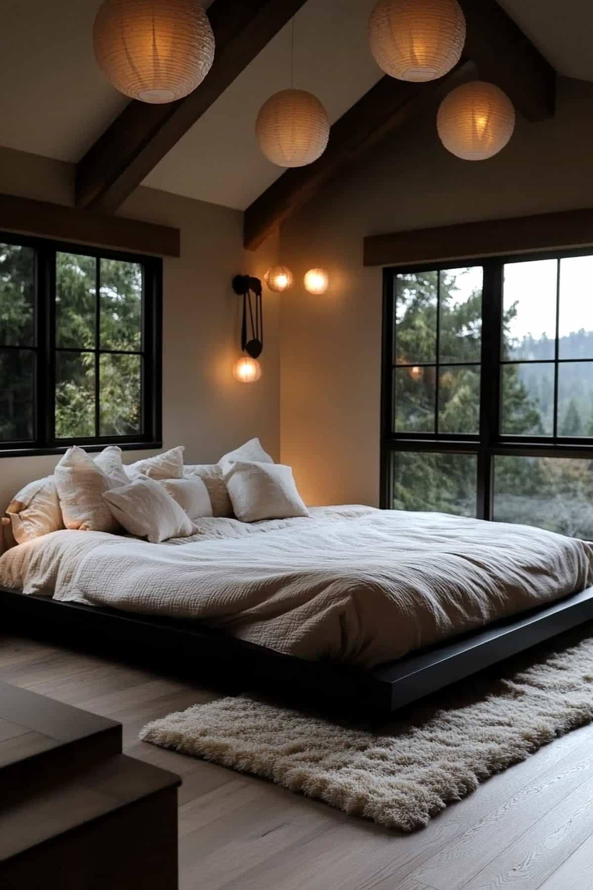 Soft natural light illuminating a minimalist Japandi bedroom with wooden accents and calm decor.
