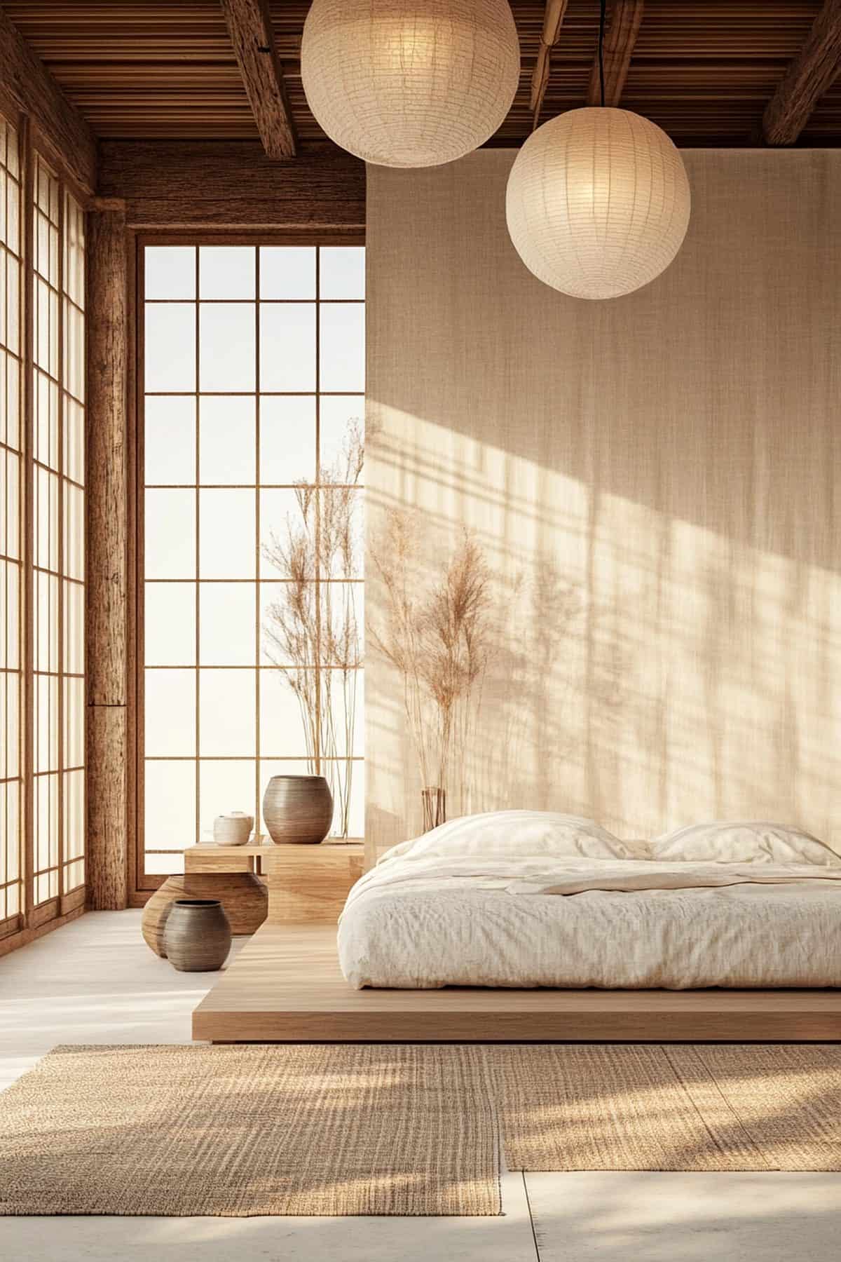 Alt tag: Japandi bedroom moodboard featuring minimalist decor, natural wood, and soft textiles.