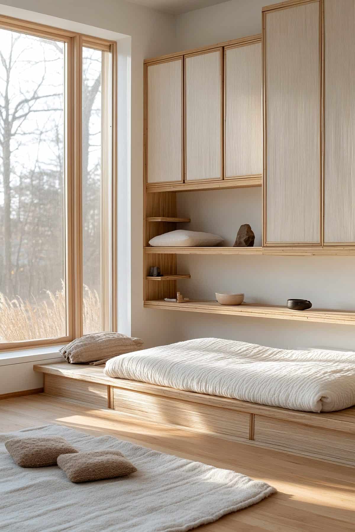 Minimalist Japandi bedroom featuring stylish wooden storage solutions and neutral decor.