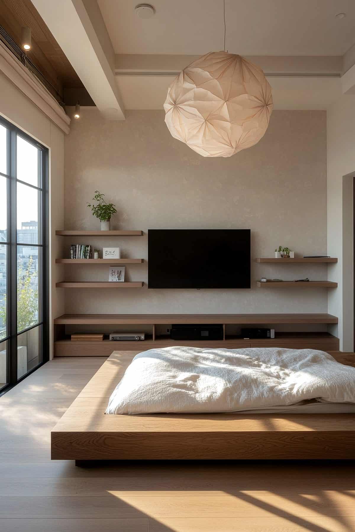 Stylish Japandi bedroom featuring a minimalist TV wall with natural wood accents and soft decor.
