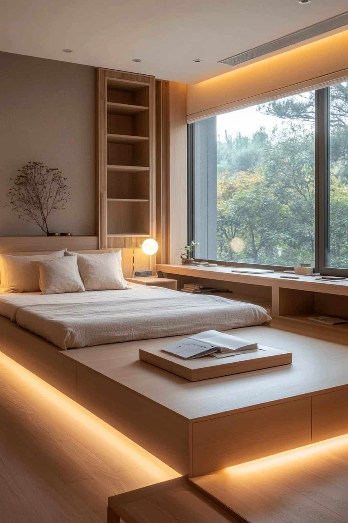 Cozy Japandi bedroom featuring a minimalist desk, neutral tones, and natural wood accents.