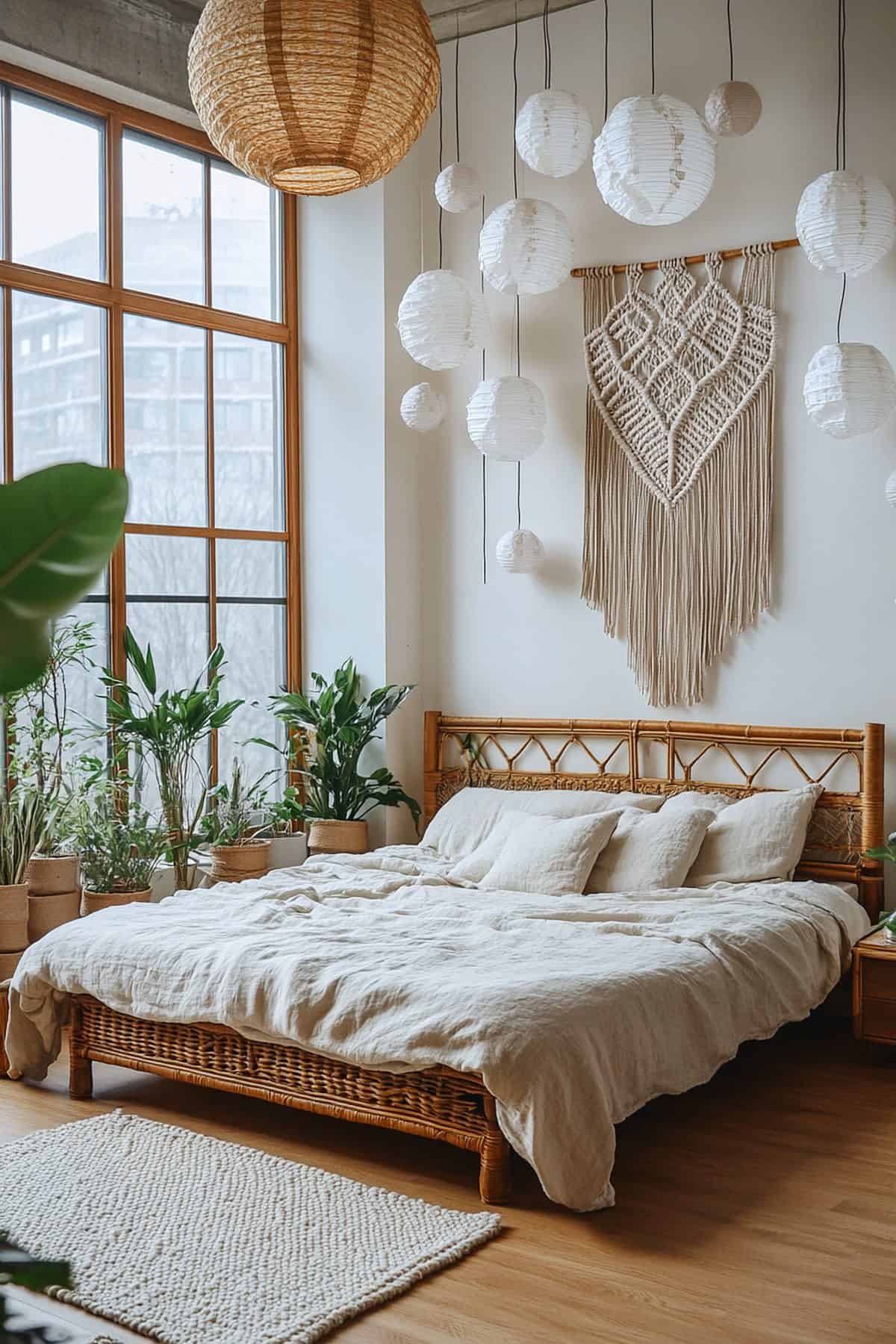 Cozy Japandi Boho bedroom featuring natural wood accents, neutral tones, and layered textiles.