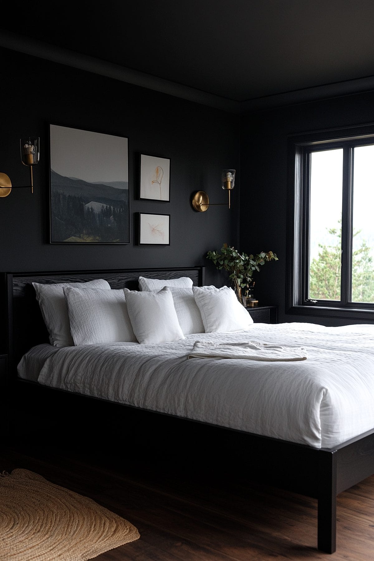 Stylish Japandi dark bedroom featuring minimalist furnishings, natural textures, and warm lighting.
