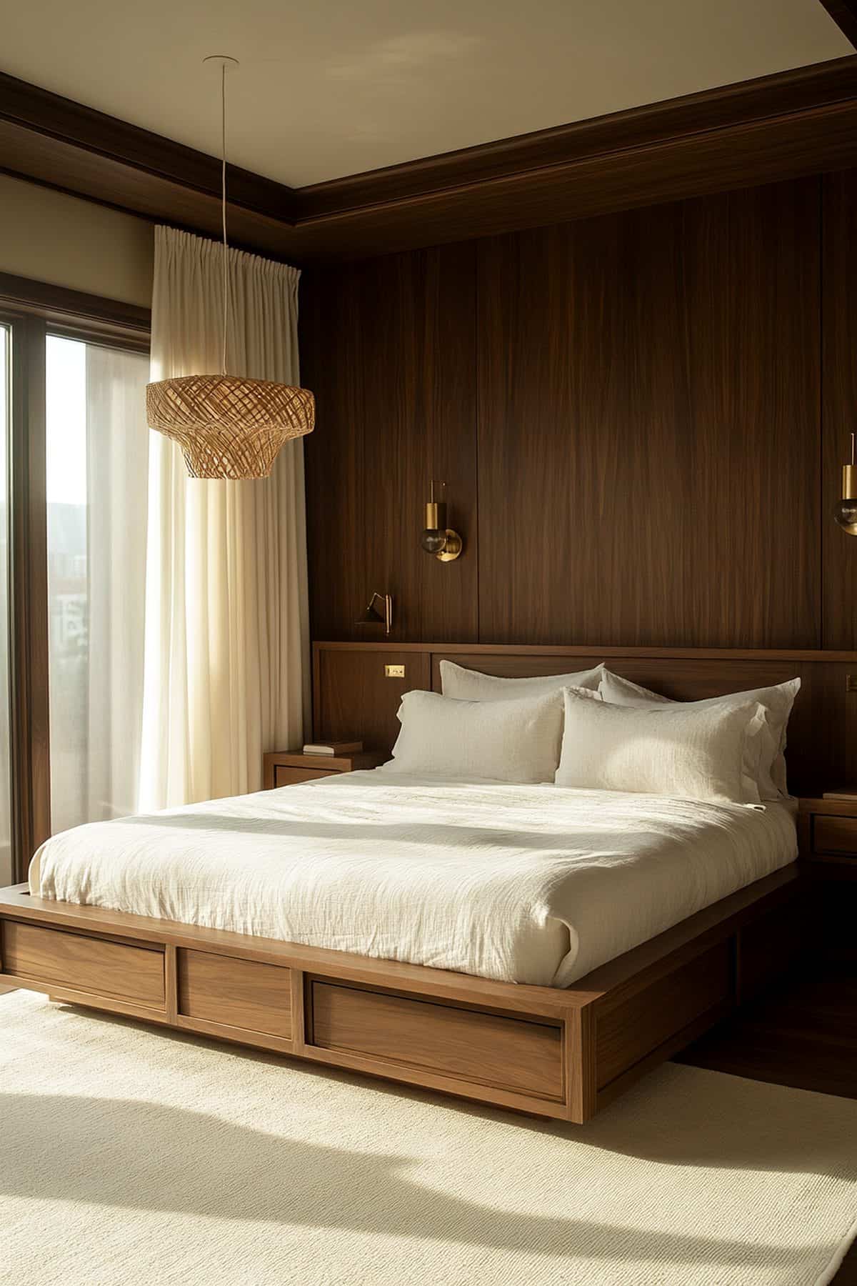 Cozy Japandi bedroom featuring dark wood furniture, minimalist decor, and soft, neutral textiles.