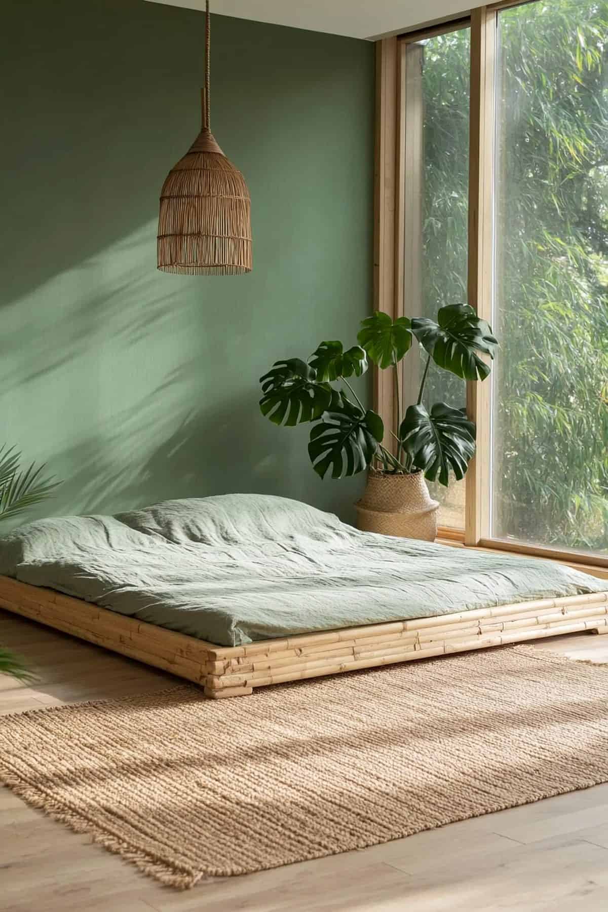 Cozy Japandi green bedroom featuring minimalist decor, natural materials, and lush plants.