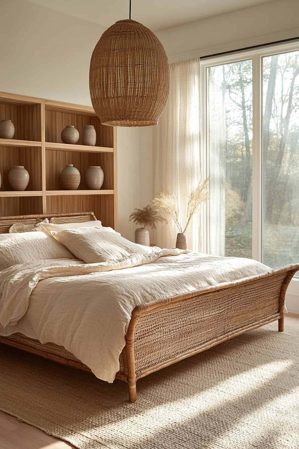 Cozy Japandi guest bedroom featuring minimalistic decor, natural wood accents, and soft neutral tones.