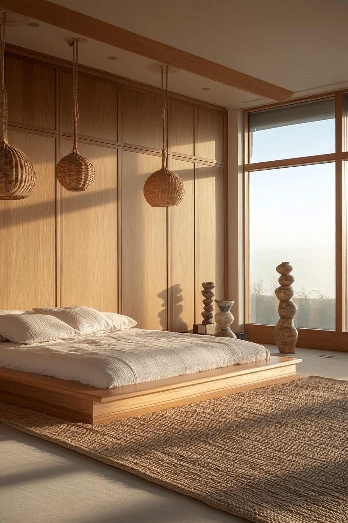 Serene Japandi bedroom featuring minimalist decor, natural wood accents, and neutral color palette.