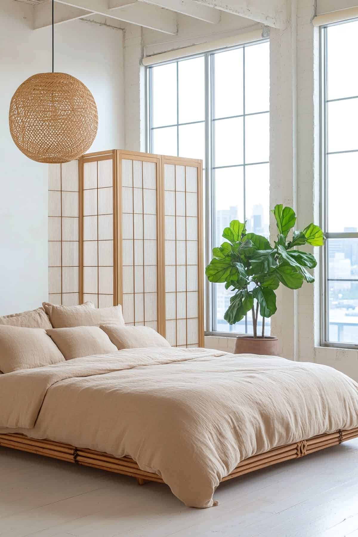 Cozy Japandi bedroom featuring minimalist decor, natural wood accents, and soft neutral tones.