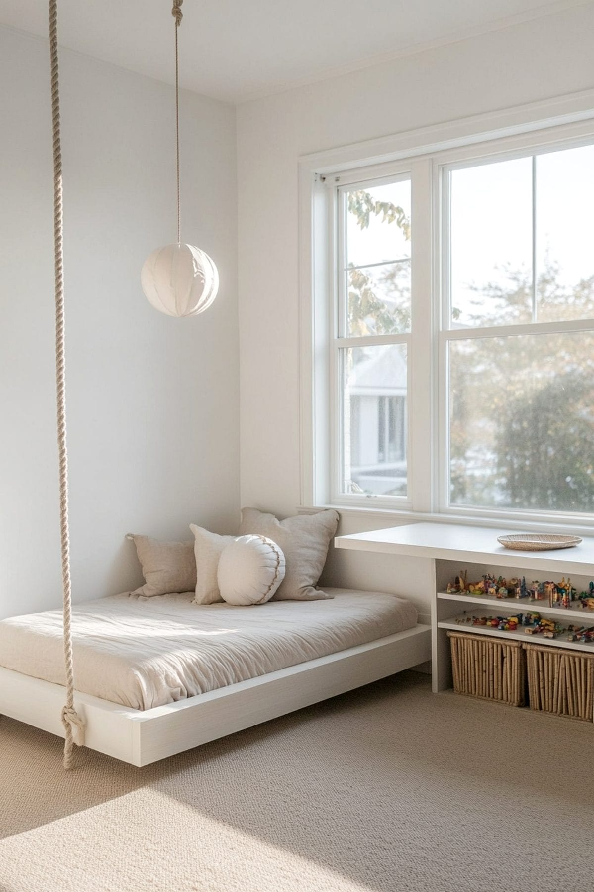 Stylish Japandi kids bedroom featuring minimalist decor, natural wood furniture, and soft textiles.