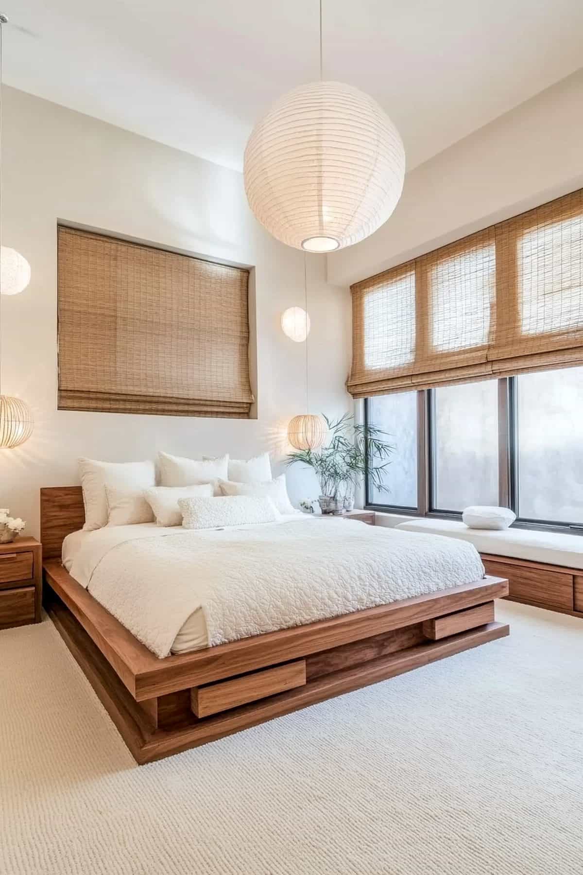 Cozy Japandi master bedroom featuring minimalistic furniture, natural wood accents, and soft neutral tones.