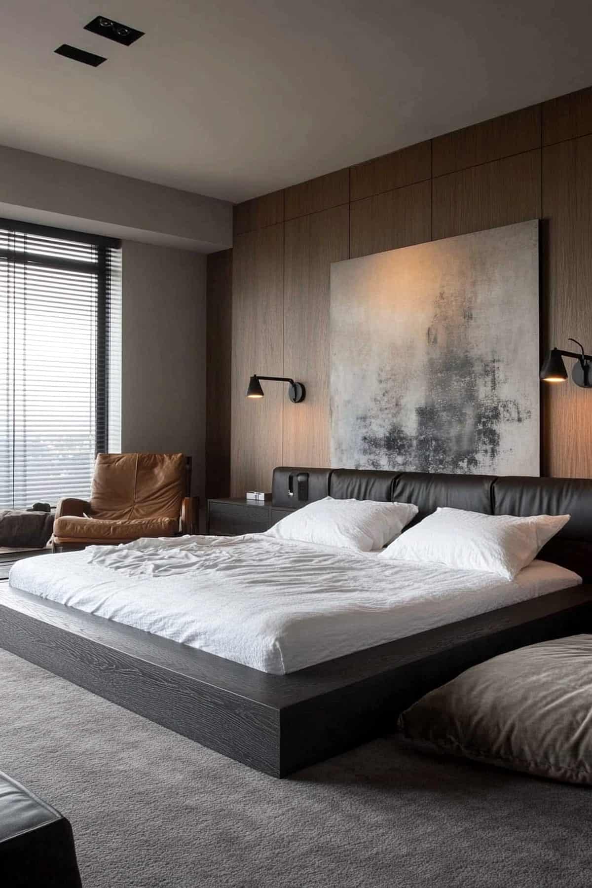 Stylish Japandi men's bedroom featuring minimalist decor, natural materials, and calming colors.