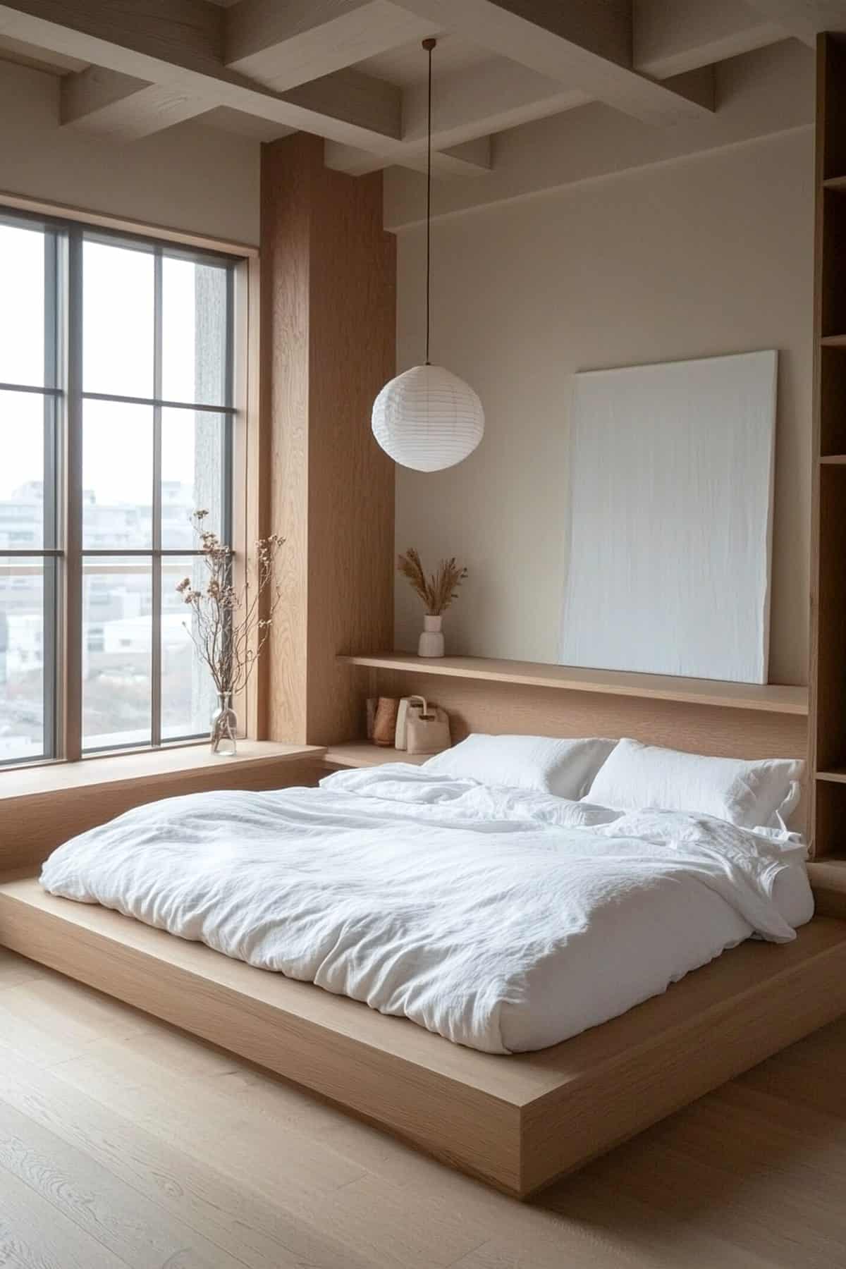Cozy Japandi minimalist bedroom featuring natural wood accents, neutral tones, and simple decor.