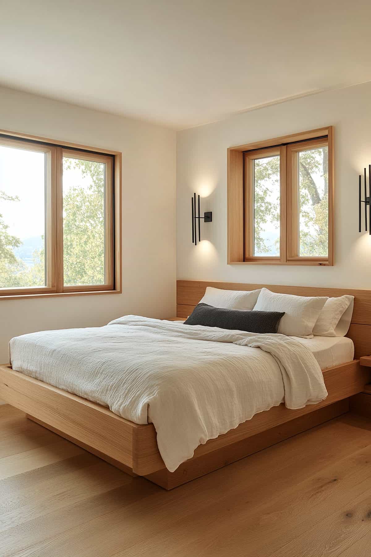 Alt tag: Cozy Japandi modern bedroom featuring minimalist decor, natural wood furniture, and neutral tones.