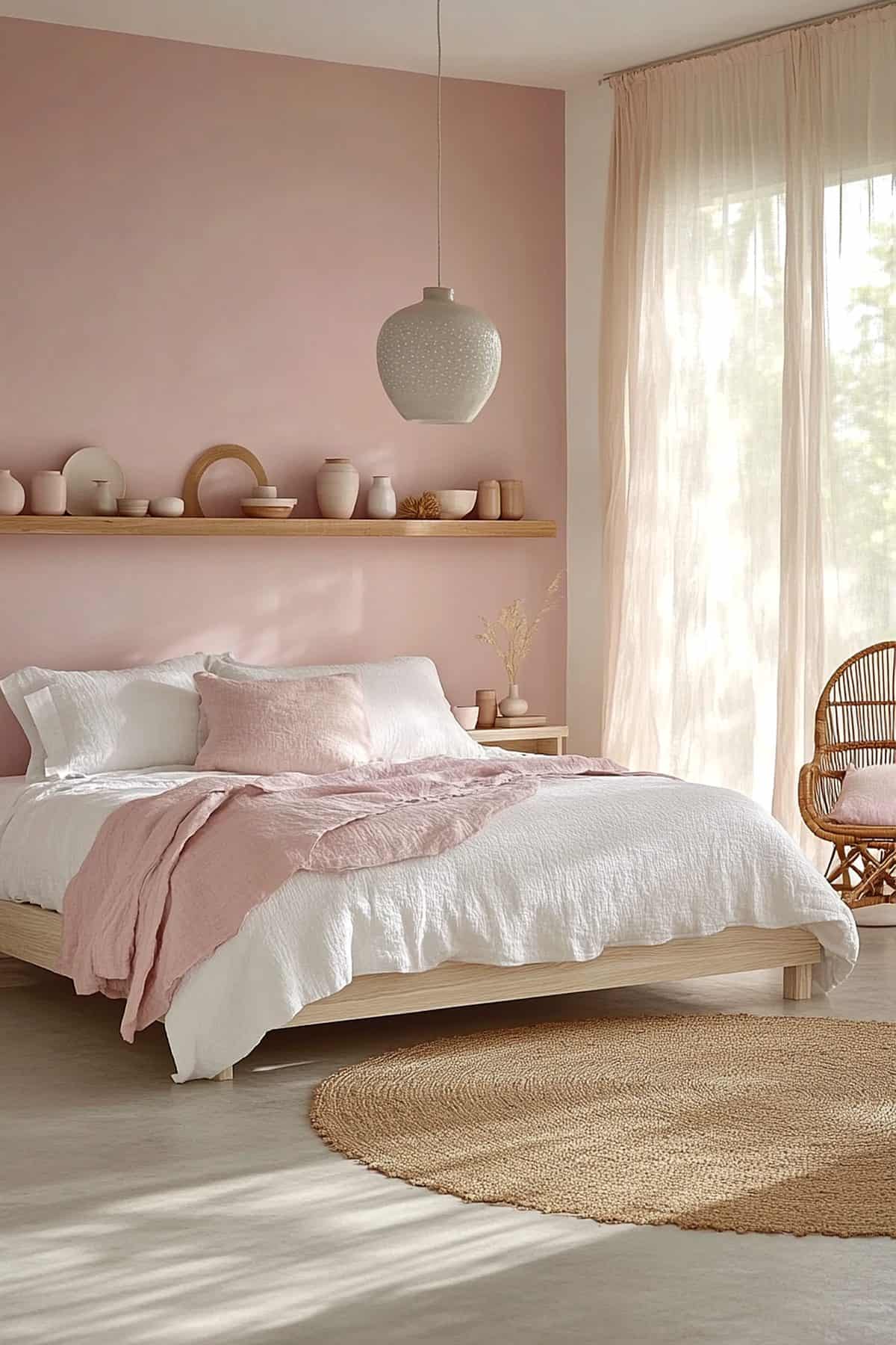 Cozy Japandi pink bedroom featuring minimalist decor, natural wood accents, and soft textiles.