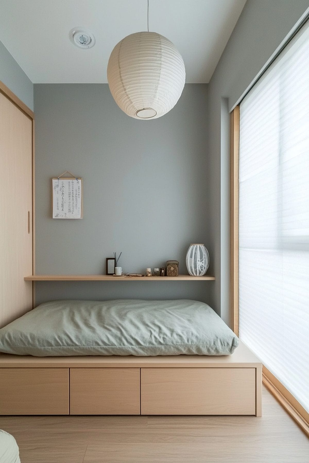 Cozy Japandi small bedroom with minimalist decor, natural wood accents, and soft neutral tones.