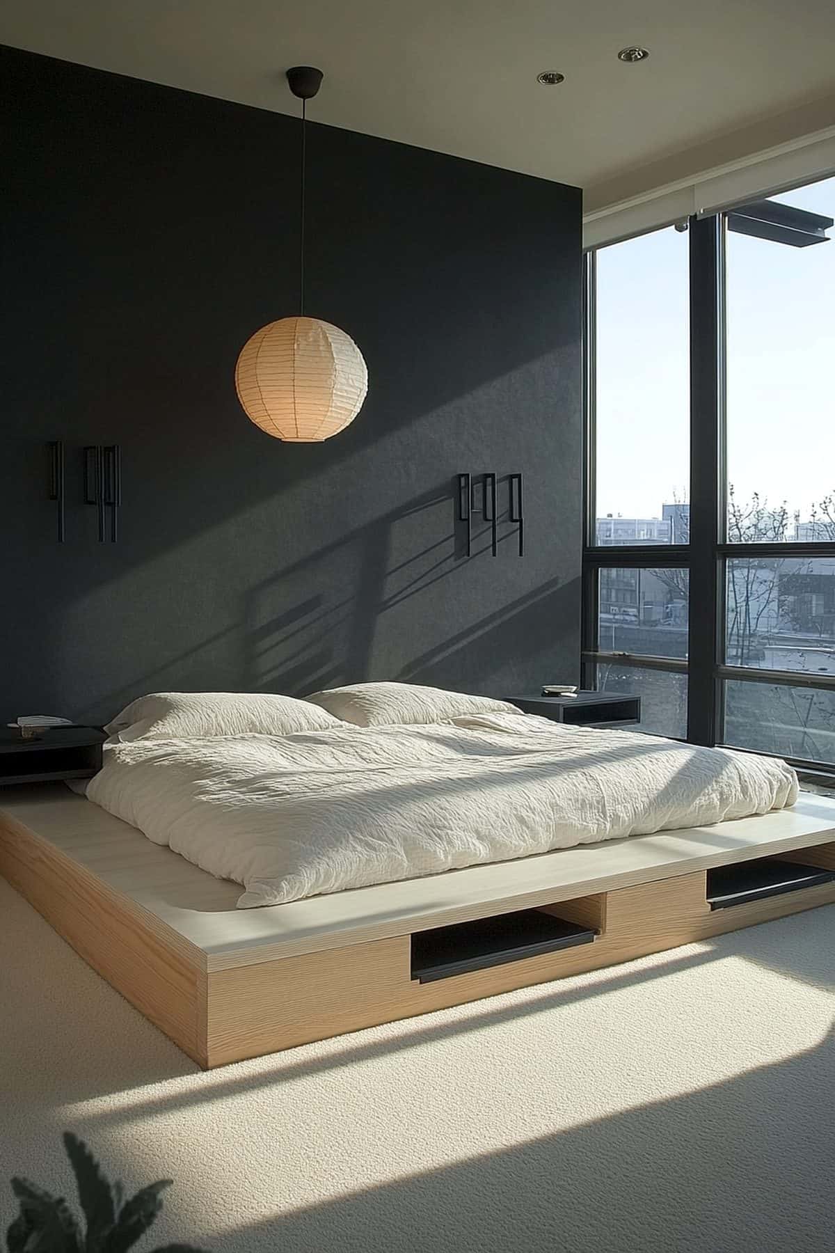 Serene Japandi style bedroom featuring minimalist furniture, warm wood tones, and natural textiles.